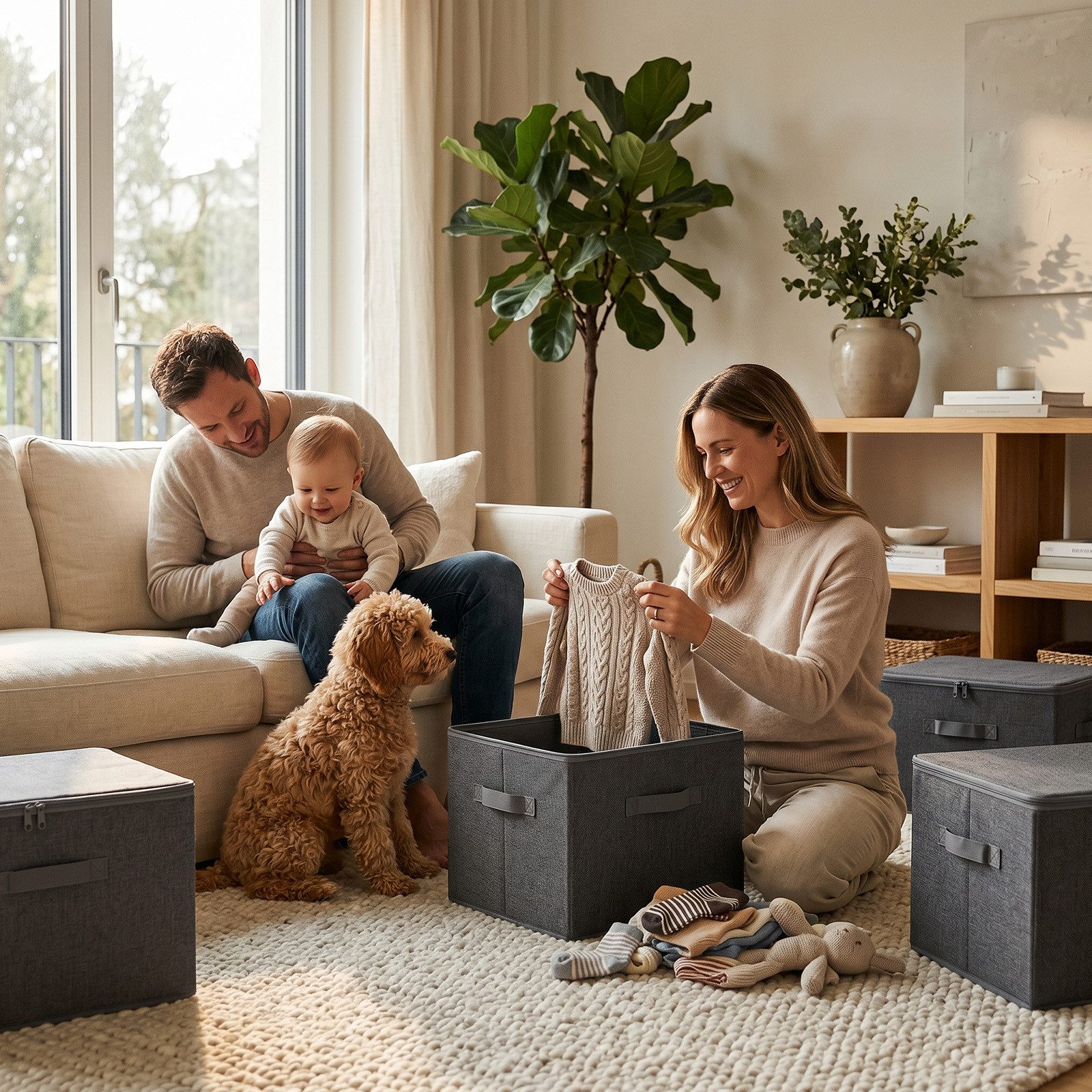 Sekey Aufbewahrungsbox Aufbewahrungsboxen mit Deckel 45L Stapelbar Faltbare Ordnungsboxen (3 St), 3er Set, Organizer Kleidung Vliesstoff Boxen für Schrank Regal – Bild 4 von 5