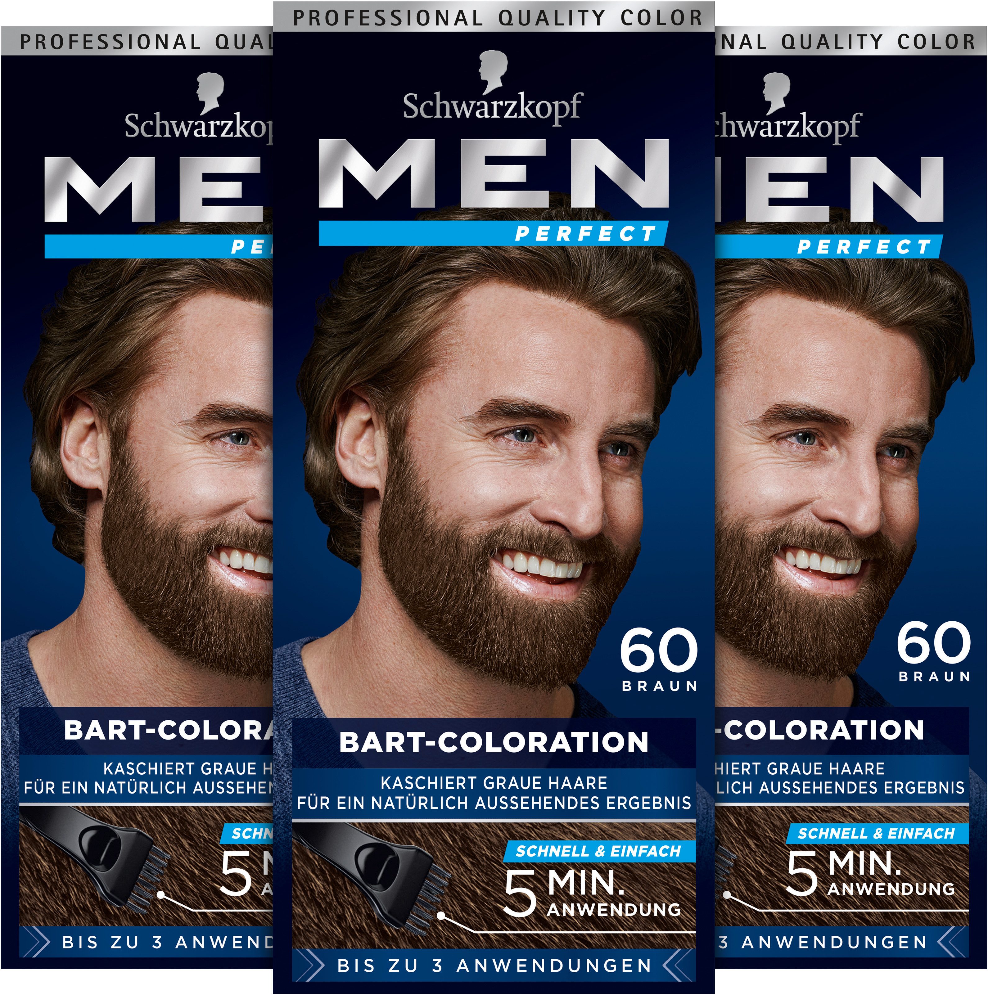 Schwarzkopf Bartfarbe Men Perfect 60 Braun - 3 x 30ml, Vorratspack, 3-tlg., Schnelles Kaschieren grauer Haare, für ein natürlich aussehendes Ergebnis