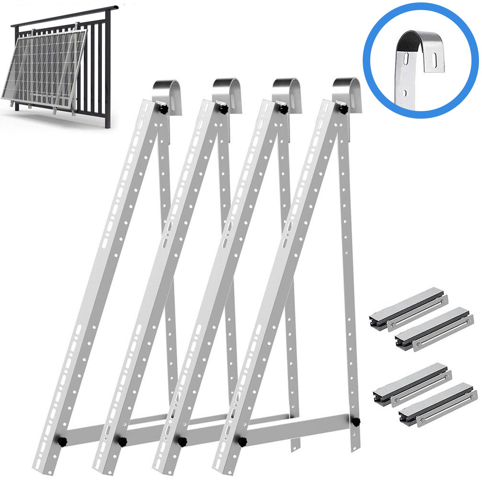 Rhein Beleuchtung Solarmodul-Halterung Einstellbare Solarpanel Halterung 114/118cm mit Balkonhaken, (bis 44 Zoll, Set, 4-tlg., Aus Edelstahl als Solarmodul Halterung für Balkonkraftwerk, Universelles Design, spart Platz am Balkon, steigert Solarertrag)