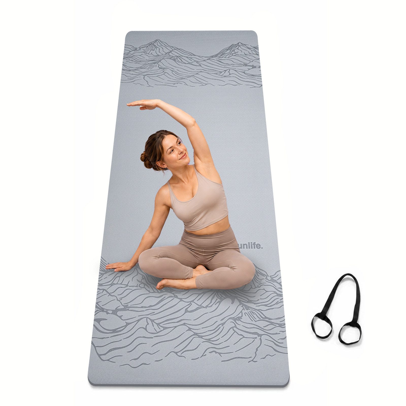 FunLife Yogamatte Comfort 61 cm– einzeln oder mit 3 Widerstandsbändern (Set, Yogamatte, Tragegurt), 8 mm gepolstert, rutschhemmend, formstabil, mit Tragegurt