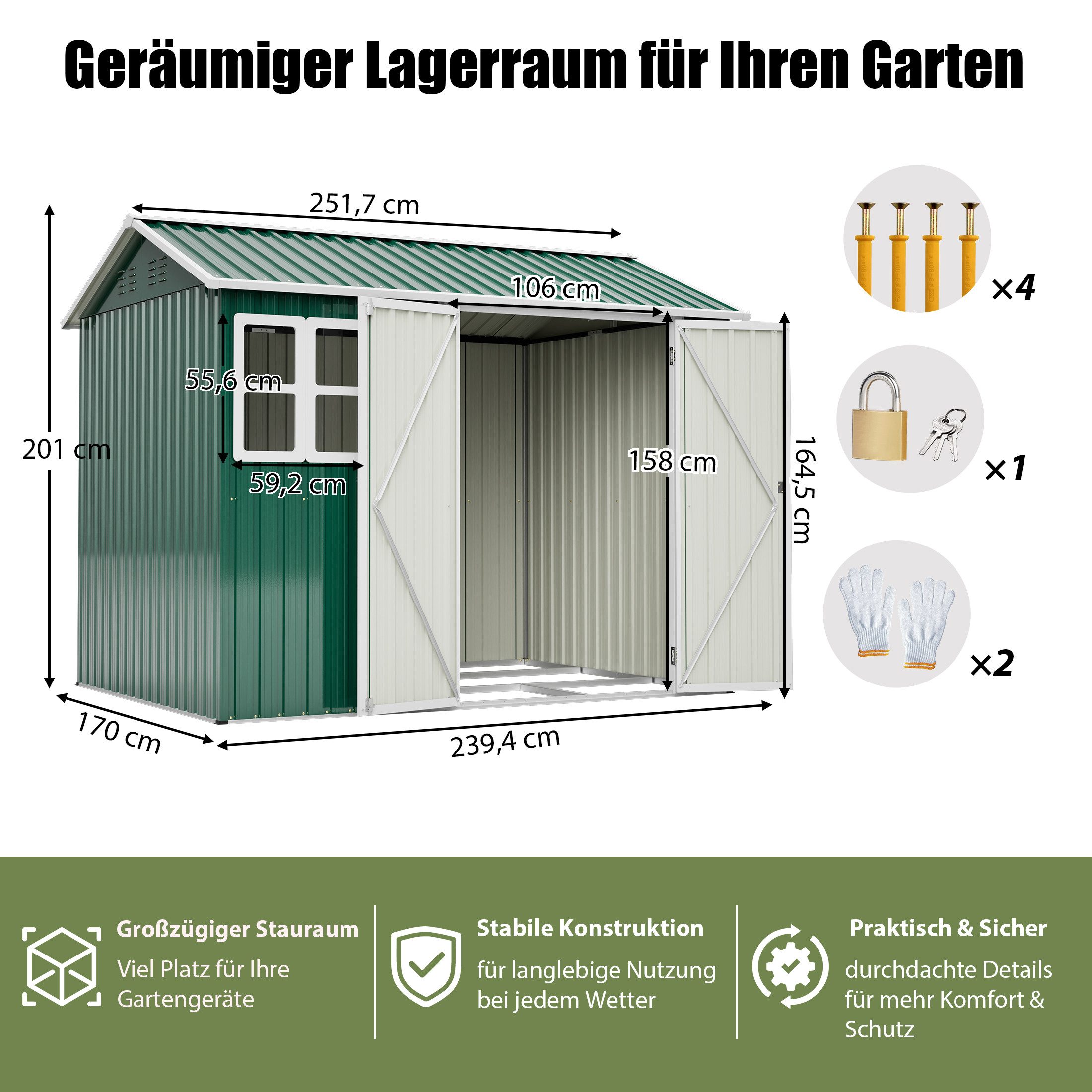 Thanaddo Gartenhaus Gartenhaus aus Metall mit Fenstern, (Metallhütte (8 x 6 Fuß), 251×180×201cm)