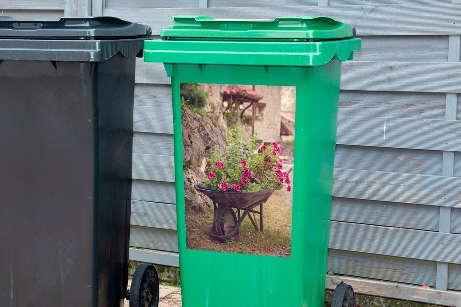 MuchoWow Wandsticker Blumen - Schubkarre Mülleimer-aufkleber, St), - (1 Container, Rosa Mülltonne, Abfalbehälter Sticker