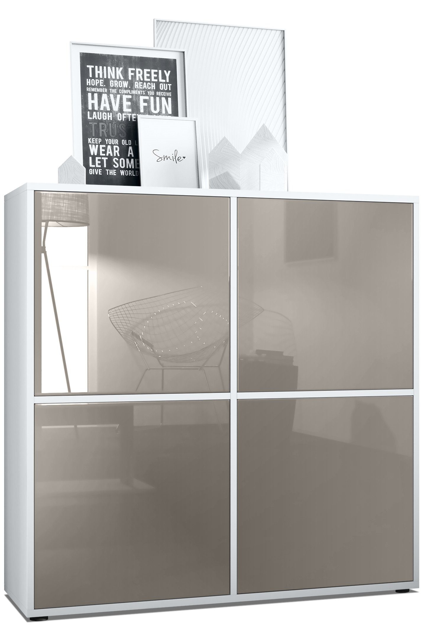 Vladon Highboard Cuba V2 (Schrank, 104 x 105,5 x 35,5 cm Sideboard mit 8 Fächern), Korpus in Weiß matt / Fronten in Sandgrau Hochglanz