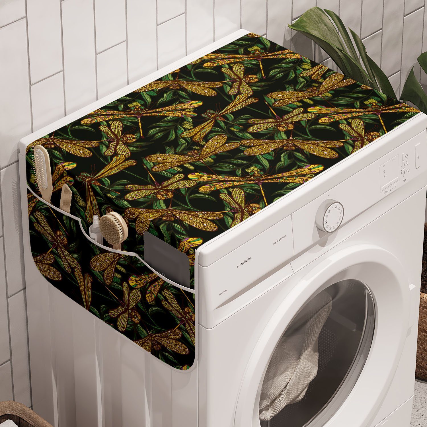 Abakuhaus Badorganizer Anti-Rutsch-Stoffabdeckung für Waschmaschine und Trockner, Libelle Grüne Blätter