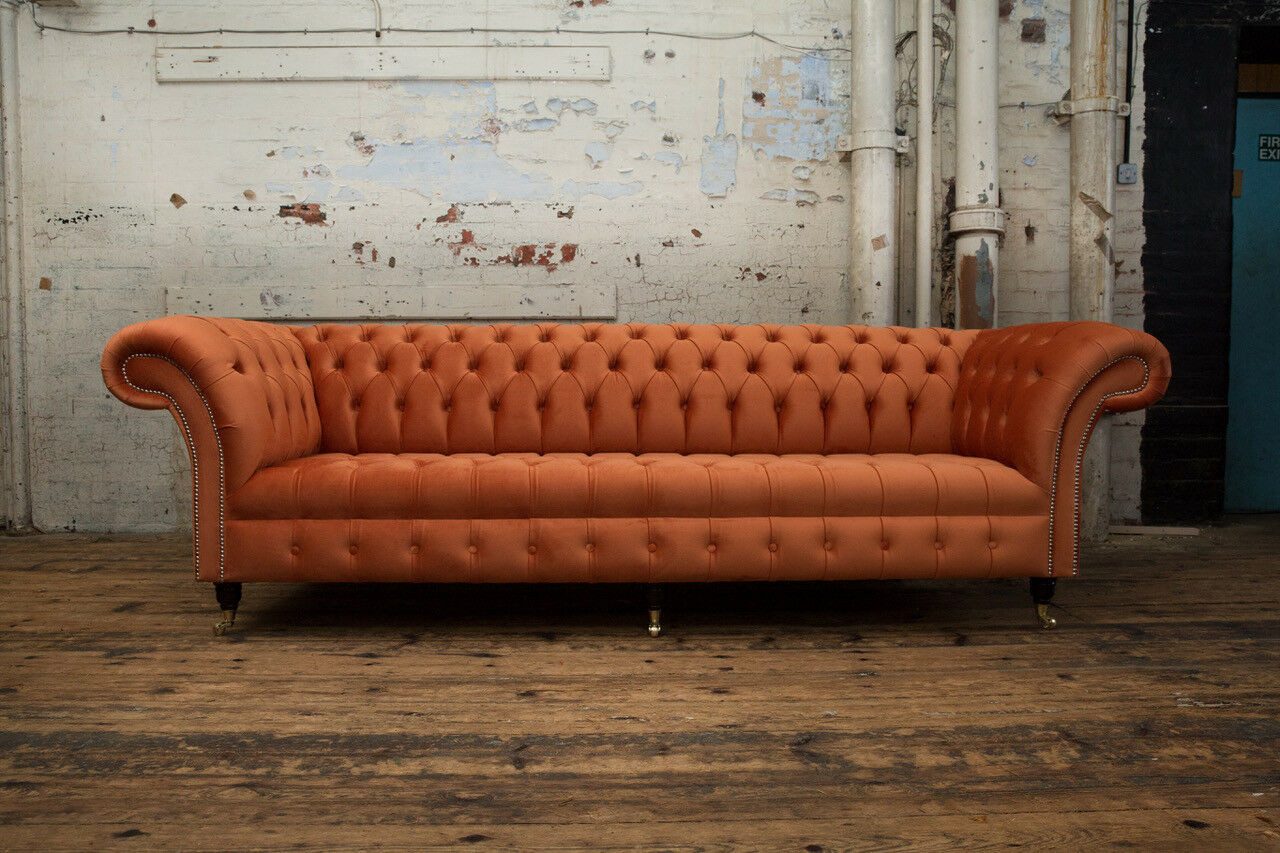 JVmoebel Chesterfield-Sofa Oranges 4-Sitzer Sofa aus Textil und Leder, gepolstert, Made in Europa