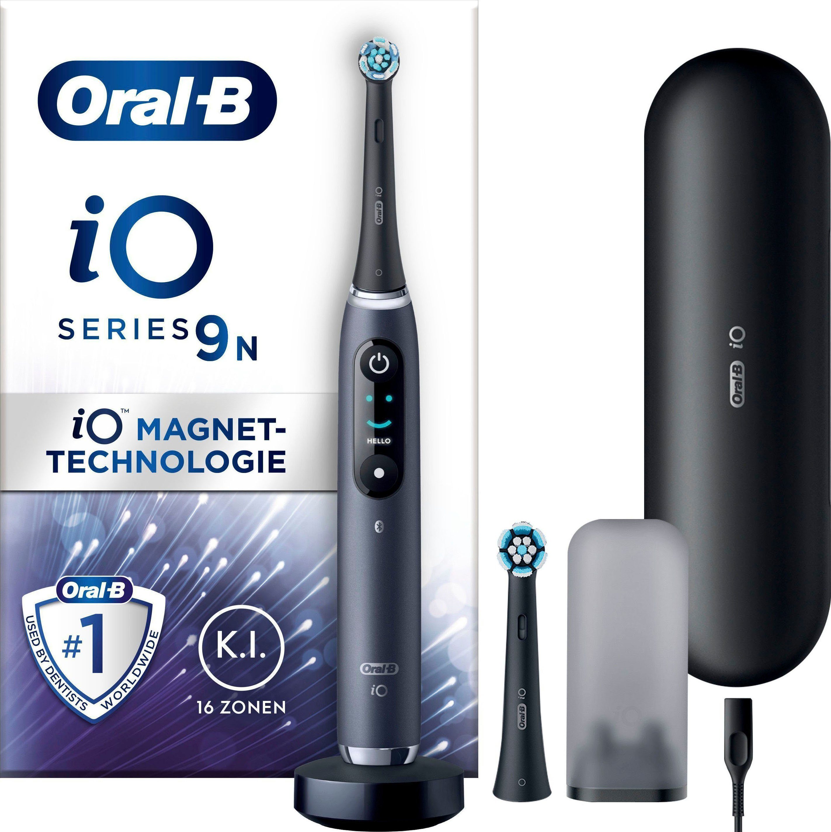 2 onyx 9, St., Lade-Reiseetui 7 Zahnbürste iO & Magnet-Technologie, Aufsteckbürsten: mit black Putzmodi, Oral-B Elektrische Farbdisplay