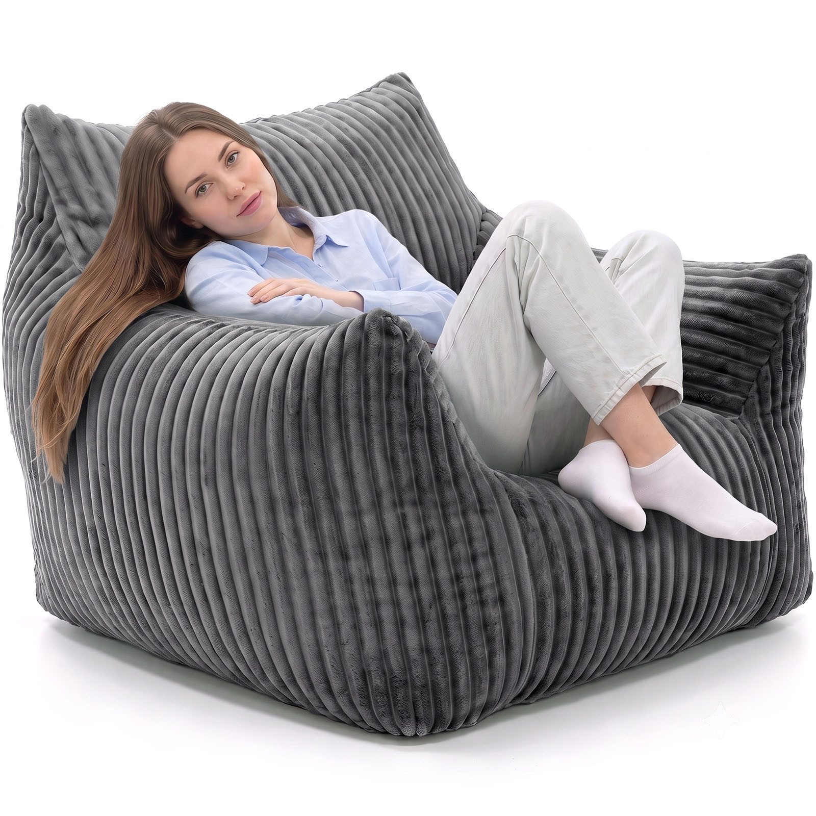 Rattantree Sitzsack Cord-Sitzsäcke Sessel Grau, Ergonomischer Loungesessel mit Armlehnen (Cord-Sitzsack), 40D Schaumstofffüllung, Bis 150 kg Belastbarkeit