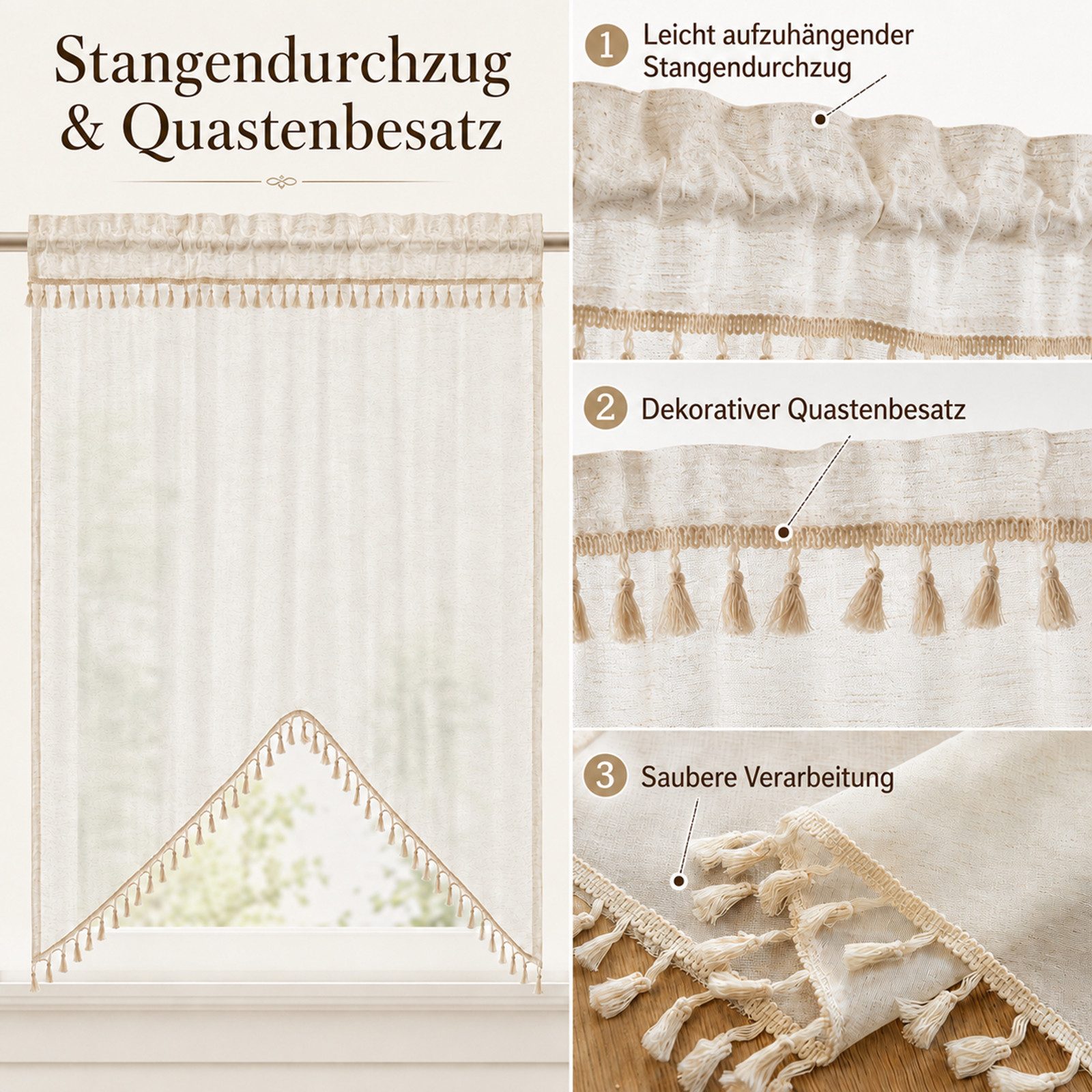 LMaxhome Scheibengardine mit Fransen, W-förmige Bogen-Kurzgardine in Leinenoptik, Beige (1 St), für Küche, Bad, Schlafzimmer, Wohnwagen & Caféfenster, 150 x 100 cm