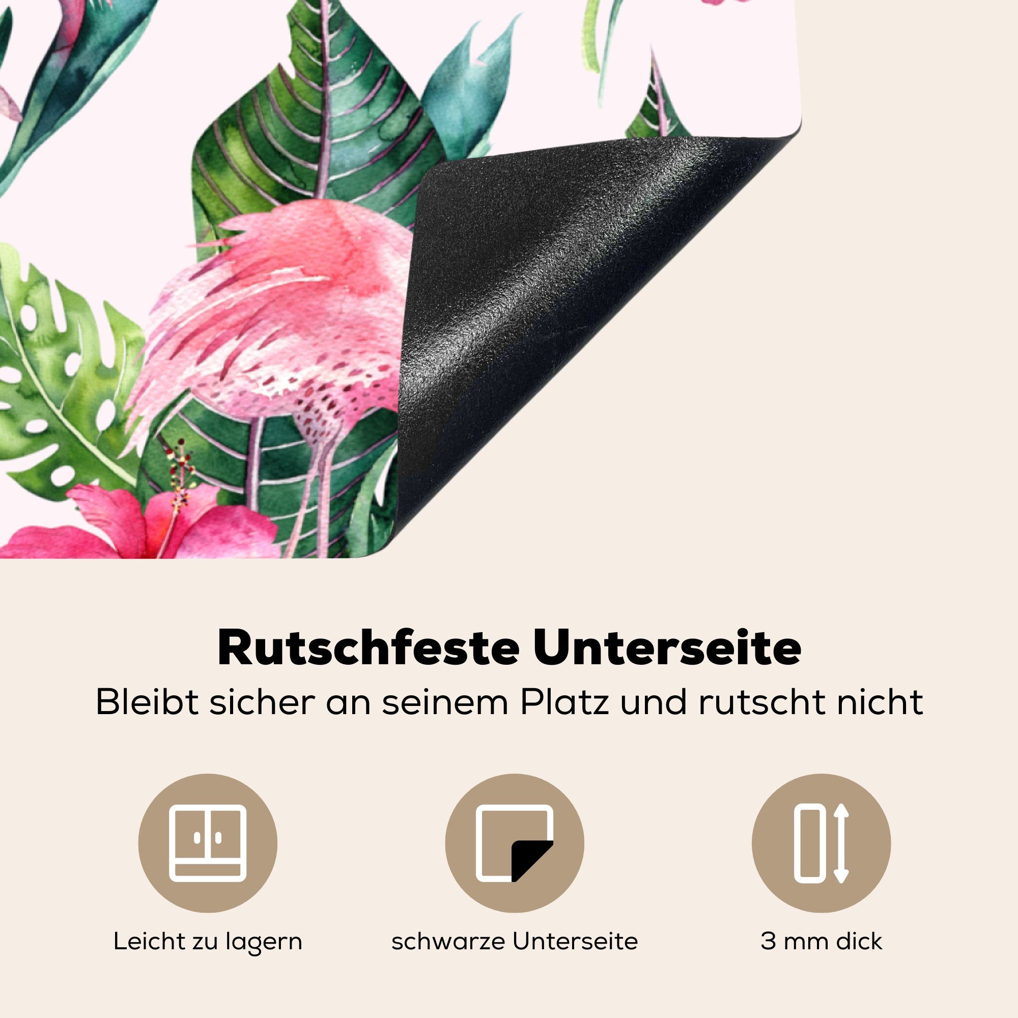 für - (1 Flamingo Herdblende-/Abdeckplatte - Arbeitsplatte Ceranfeldabdeckung, tlg), MuchoWow 78x78 cm, Blätter küche Vinyl, Blumen Muster, -