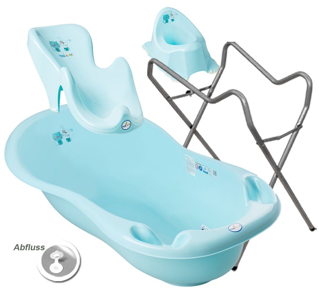 Tega-Baby Babybadewanne 3 TEILE Set DOG & CAT Blau + Ständer Grau - Babybadeset Wanne 84 cm, (Made in Europe Premium.set), ** Wanne + Badesitz +Topf + Ständer **