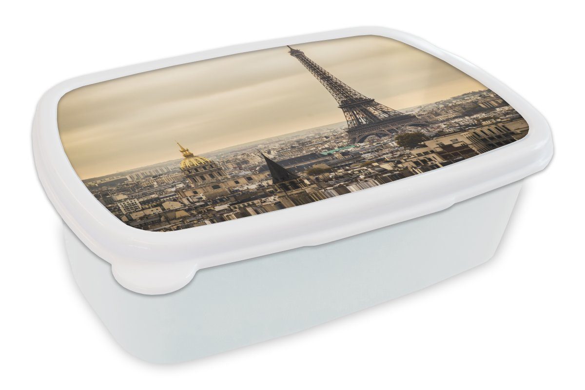 MuchoWow Lunchbox Dichte Wolken über Paris und dem Eiffelturm, Kunststoff, (2-tlg), Brotbox für Kinder und Erwachsene, Brotdose, für Jungs und Mädchen weiß