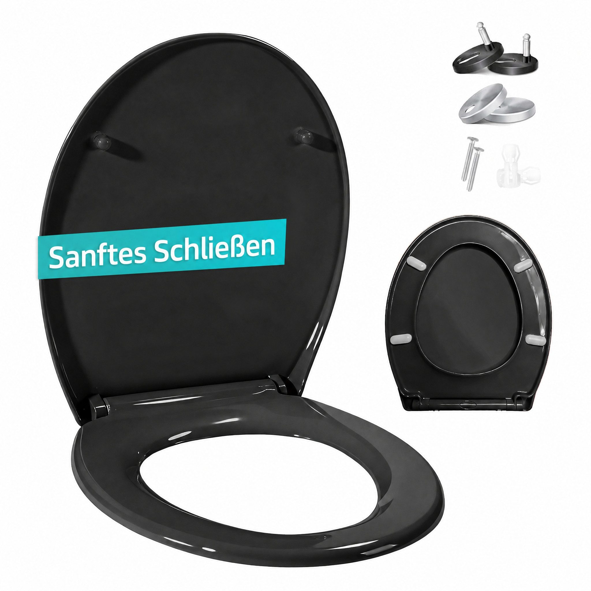 Blossom WC-Sitz Toilettendeckel mit Absenkautomatik, Quick Release, antibakteriell (WC Sitz mit Absenkautomatik, 360° verstellbare Scharniere), Toilettensitz für D-Form, O-Form & eckige WC-Becken, bis 150 kg