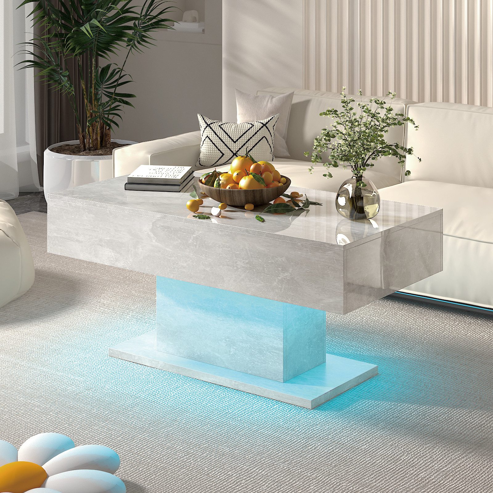 radelldar Couchtisch mit LED-Beleuchtung und 2 Schubladen, 110 x 55 x 50cm (1-St), Hochglänzender LED-Wohnzimmertisch, USB-betrieben