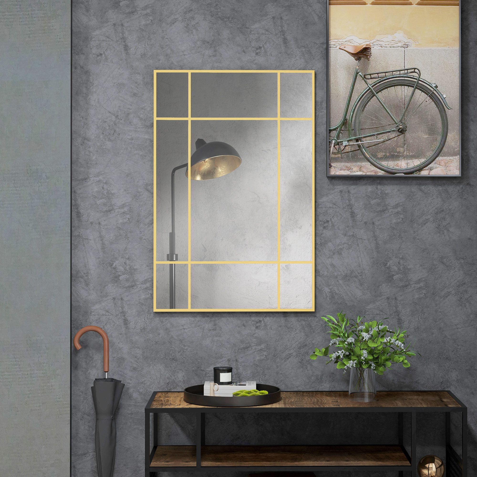HOMCOM Wandspiegel 90 x 60 cm dekorativer Spiegel mit Metallrahmen (Dekospiegel, 1-St., Spiegel, Haken, Anleitung), für Schlafzimmer, Badezimmer Gold
