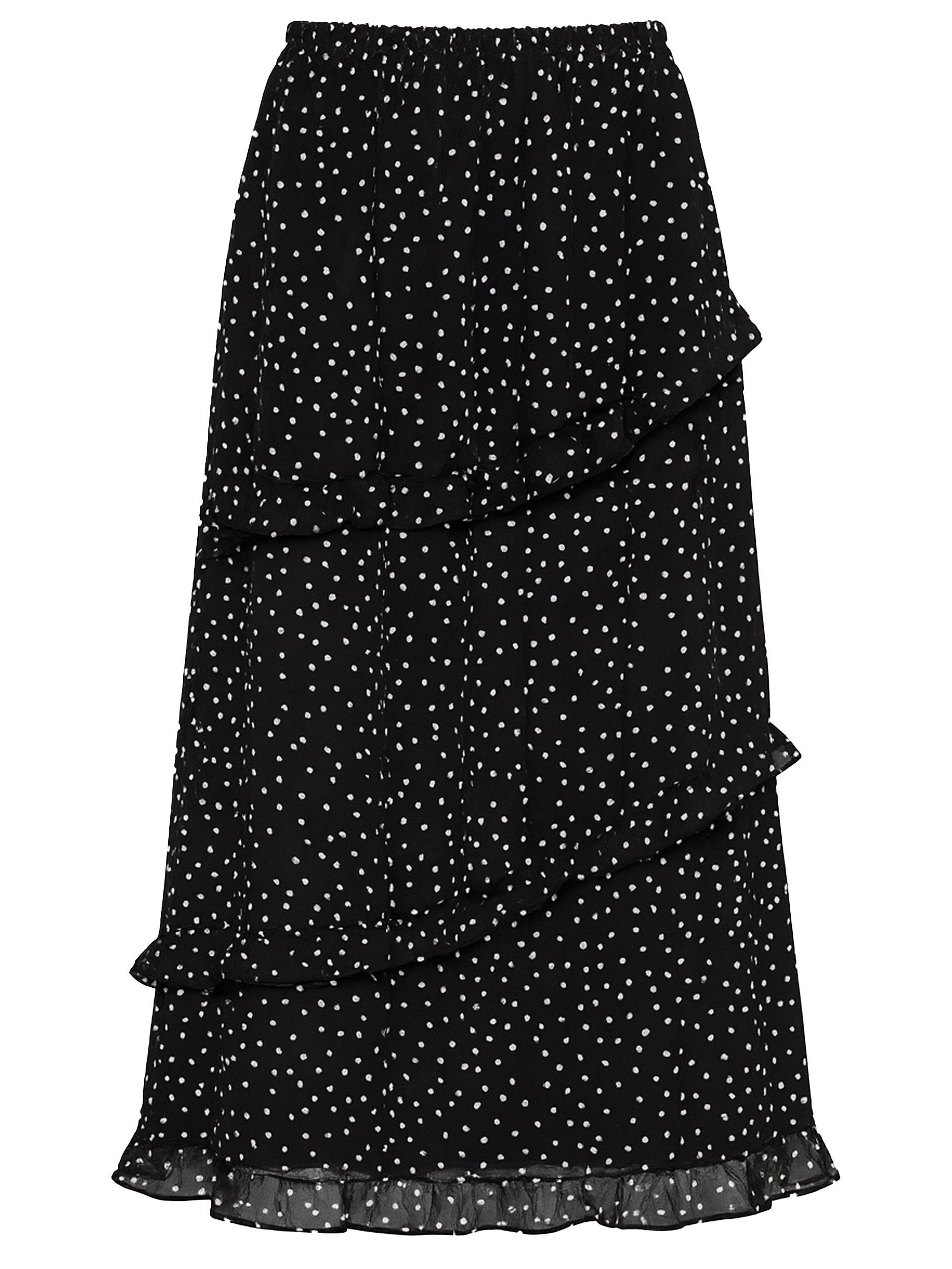 SASSYCLASSY Midirock Gepunkteter langer Chiffon Rock für Damen Fließender Midi Rock mit Pünktchenmuster und Volants Schwarz