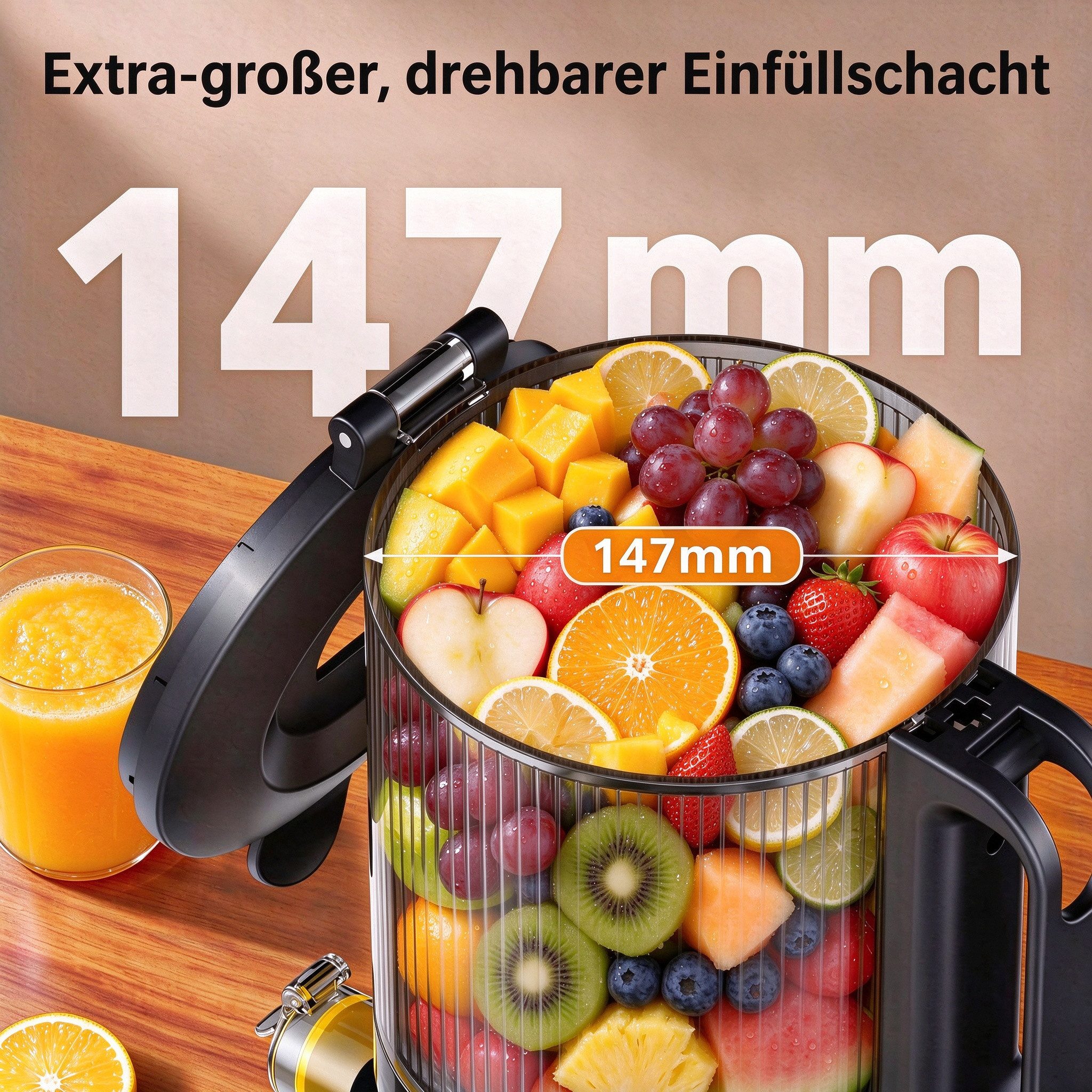 Airmsen Slow Juicer mit 147MM Extra Großem Einfüllschacht, Entsafter Gemüse und Obst, 300 W, Leicht zu Reinigen, Hohe Saftausbeute – Bild 2 von 5