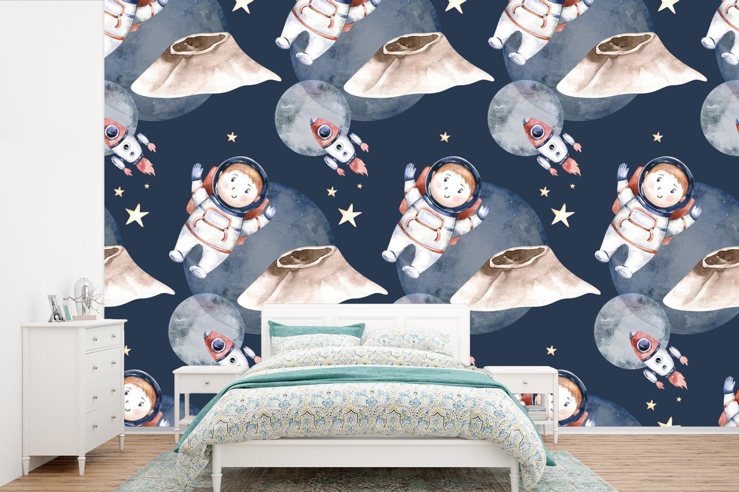 MuchoWow Fototapete Weltraum - Rakete - Astronaut - Jungen - Mädchen - Kinder - Kinder, Matt, bedruckt, (6 St), Wallpaper für Wohnzimmer, Schlafzimmer, Kinderzimmer, Vinyl Tapete