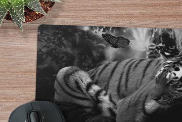 MuchoWow Mauspad Schmetterling - Dschungel - Tiger - Schwarz - Weiß (1-St), Gaming, Mousepad, Büro, 20x20 cm, Mausunterlage
