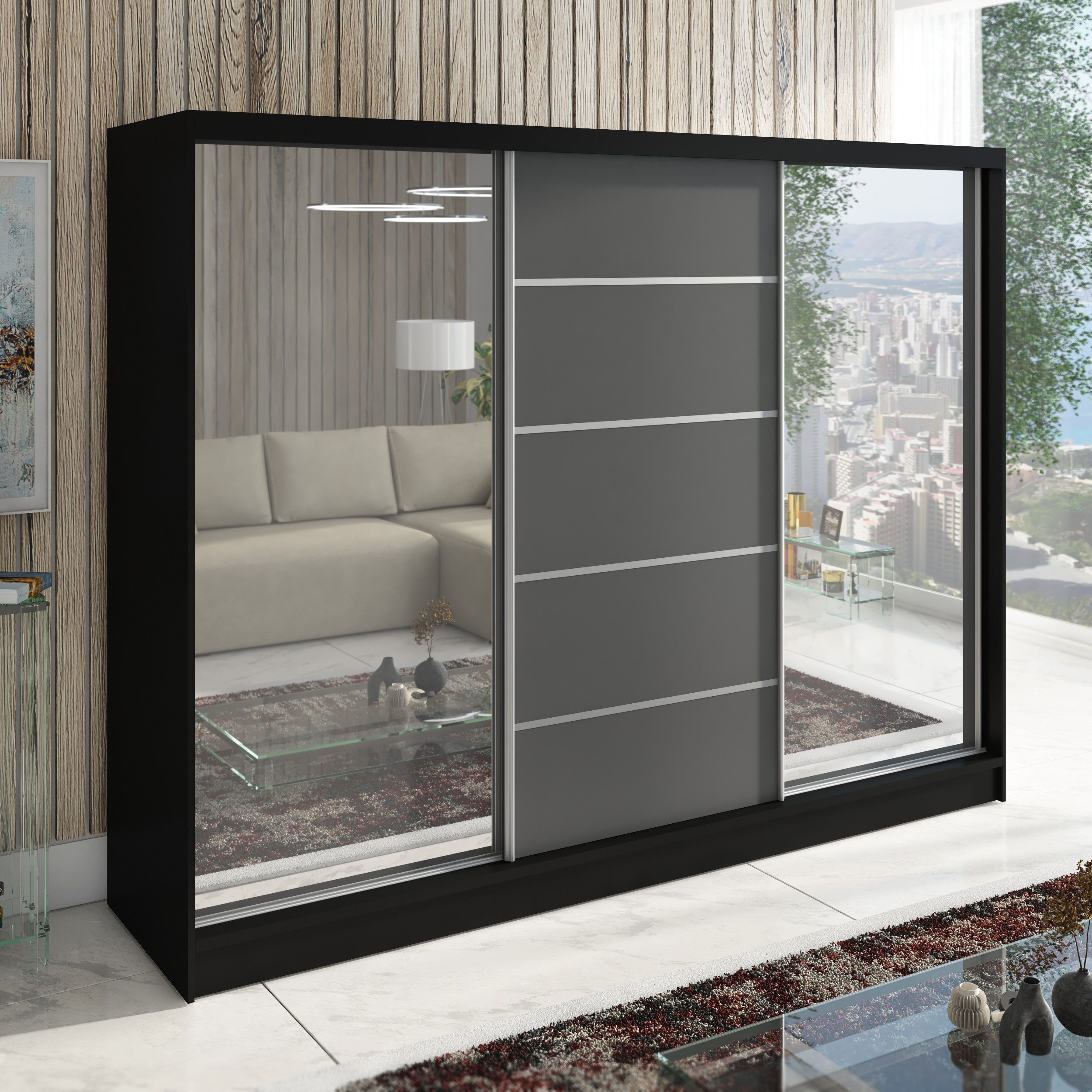 A&J MöbelLand GmbH Schiebetürenschrank TOP, 3-türig Schrank 200 cm mit Schubladen und Spiegel (TOP ANGEBOT! Geräumiger Schrank mit einer Breite von 200 cm und Spiegel, ideal zur Aufbewahrung von Kleidung und Accessoires. 3 Schubladen und viel Stauraum. TOP PRODUKT! Wählen Sie das ideale Modell für Ihr Schlafzimmer!, Inclusive 3 Schubladen) Breite: 200 cm, Höhe: 215 cm, Tiefe: 59,5 cm
