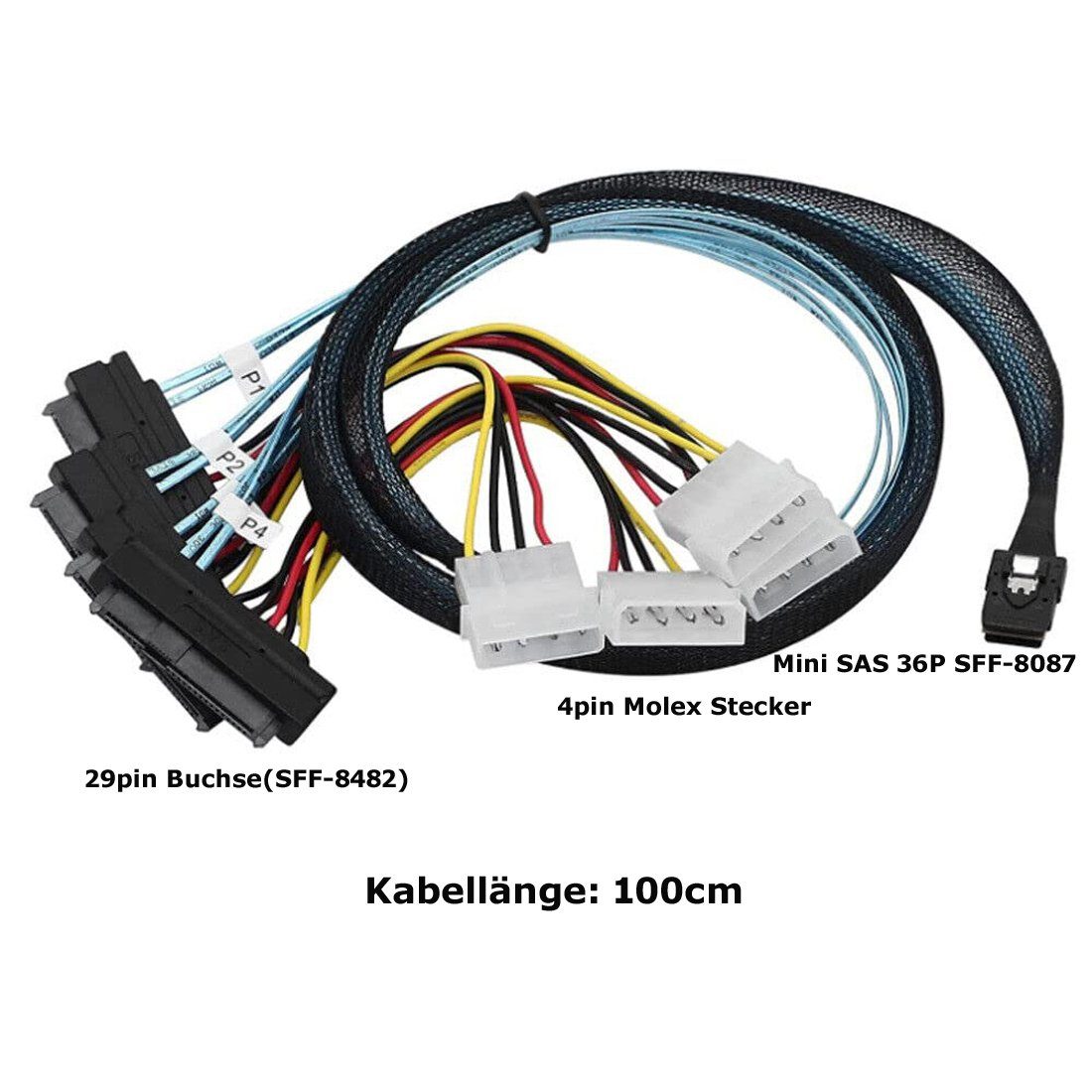 Bolwins P47C Mini SAS 36P SFF-8087 zu 4x 29P SFF-8482 Molex Strom Datenkabel Computer-Kabel, Mini SAS 36P SFF-8087 Stecker, 4x SAS 29P SFF-8482 Buchse (100 cm), Punkt-zu-Punkt-SCSI, Hot-Swap, Plug and Play