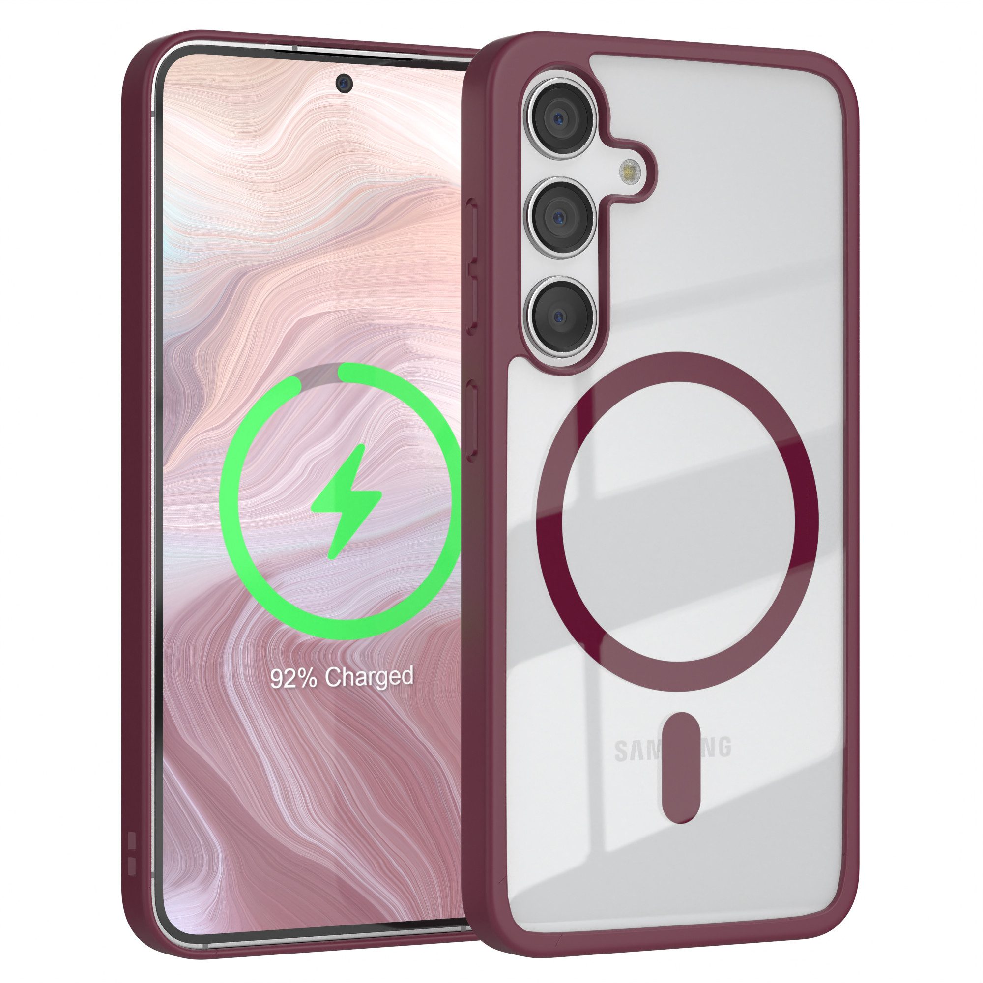 EAZY CASE Handyhülle Transparente Hülle mit MagSafe Samsung Galaxy S24 6,2 Zoll, Back Cover Slimcover mit Displayschutz, Magsafefunktion, Bumper, Beere