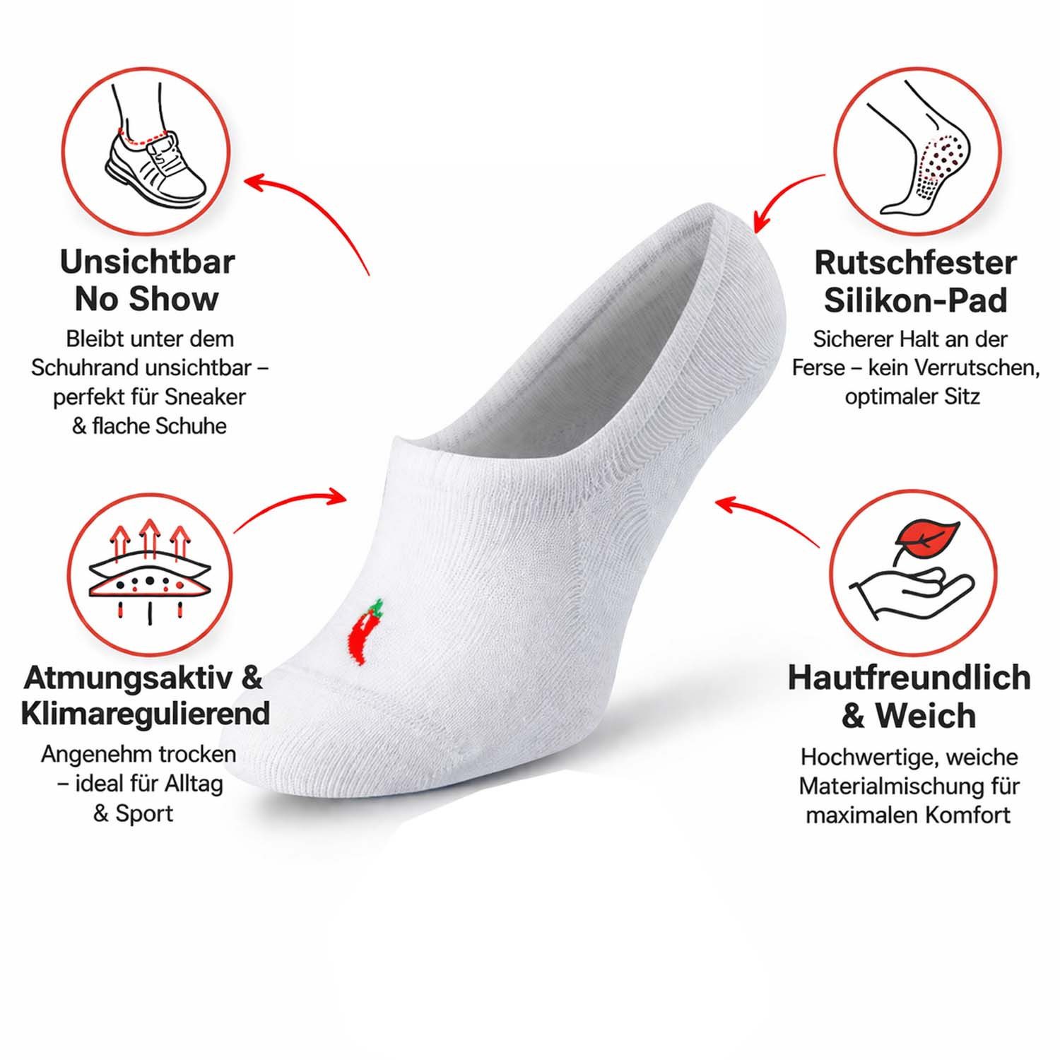 Chili Lifestyle Füßlinge mit Silicon Pad aus gekämmter Baumwolle für Damen und Herren (Multipack, 12-Paar, 2 Farbe Sneaker Socken) Anti Slip Invisible Socks ohne Naht mit Silikonpad gegen Verrutschen