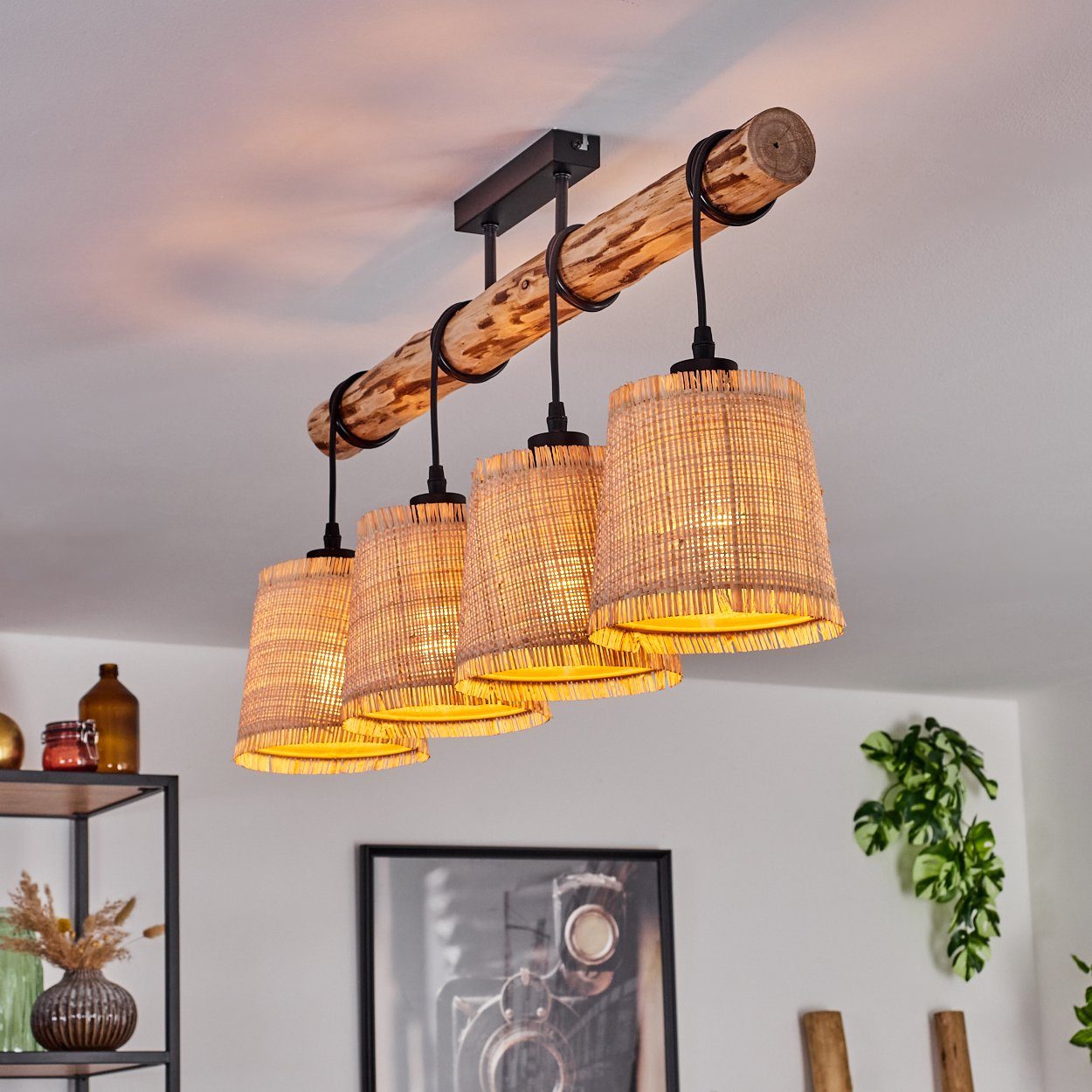 hofstein Deckenleuchte moderne Deckenlampe aus Holz/Metall/Bast in Natur/Schwarz/Beige, ohne Leuchtmittel, Deckenleuchte im skandinavischen Design, 4x E27, ohne Leuchtmittel