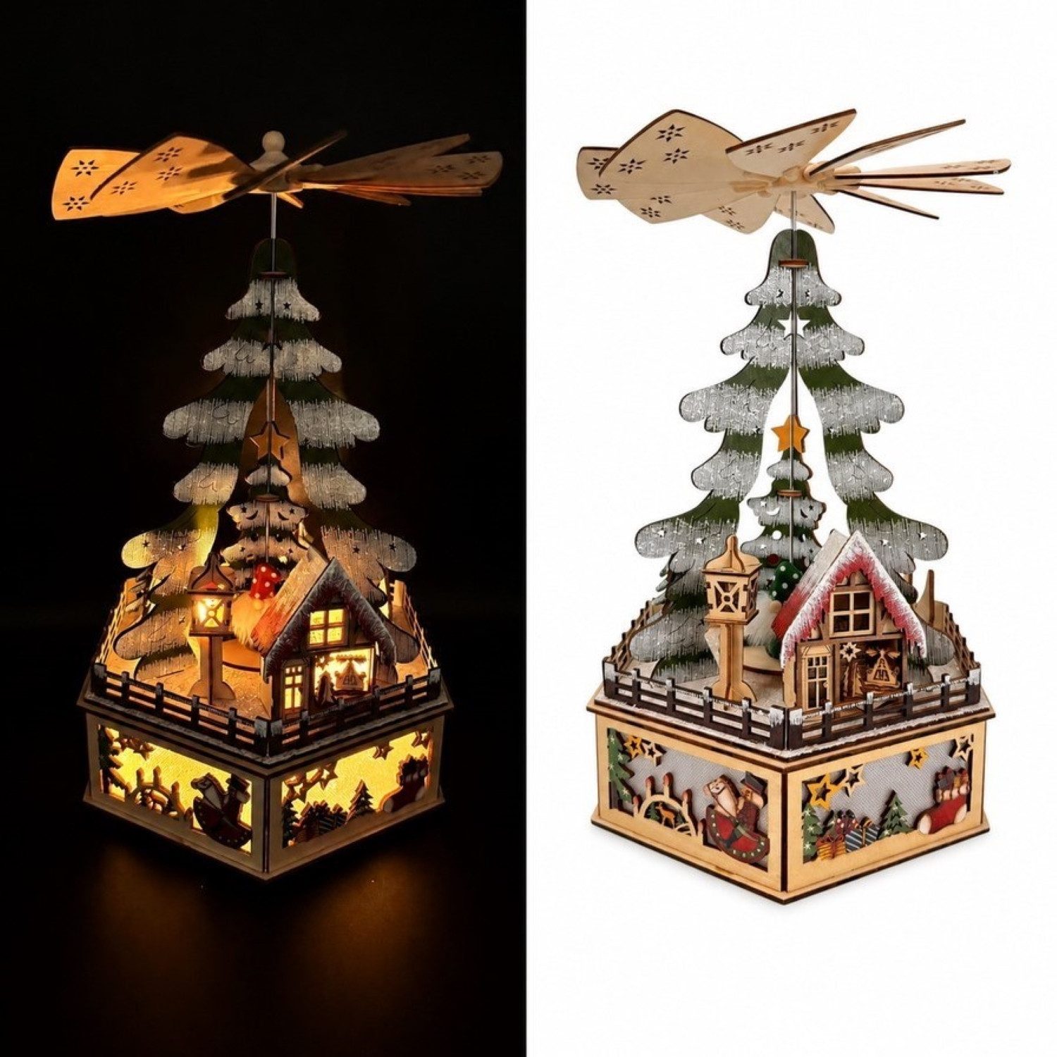 Online-Fuchs Weihnachtspyramide mit LED-Beleuchtung, Timer und süßen Wichteln - Weihnachtsdeko, mit drehendem Flügelrad und integrierter Beleuchtung