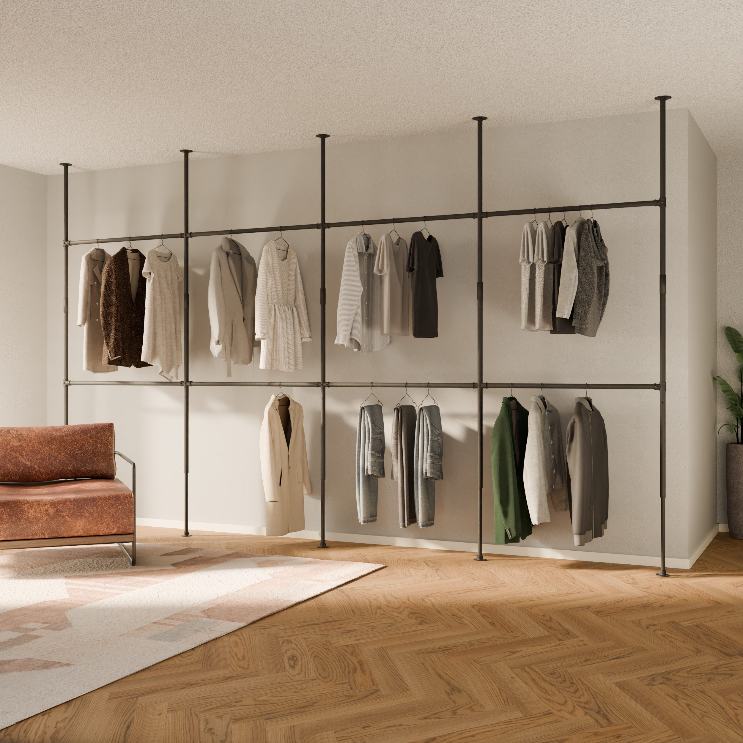 pamo. design Kleiderständer Garderobe LOFT, offener Kleiderschrank, höhenverstellbar, zum Klemmen, (Set, 1), Teleskop Kleiderstange für Kleider, Jacken & Mäntel