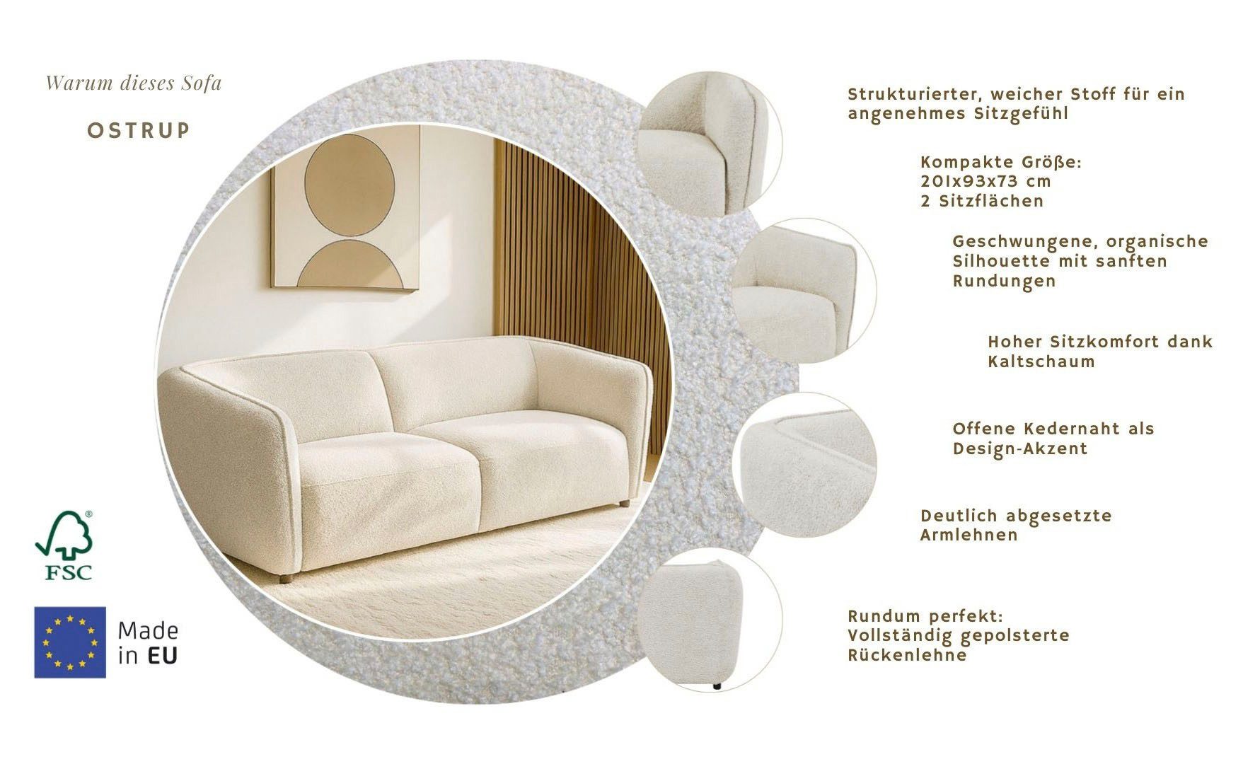 Home affaire 2,5-Sitzer OSTRUP, Naturtöne, Boucle, Breite 201 cm, organische Form mit sanften Rundungen