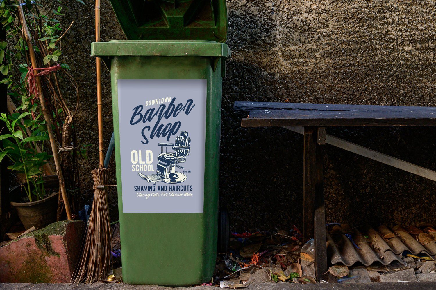 Container, Barbier Sticker, MuchoWow Wandsticker Mülltonne, - Mancave Mülleimer-aufkleber, (1 Stuhl Abfalbehälter - St), - Vintage