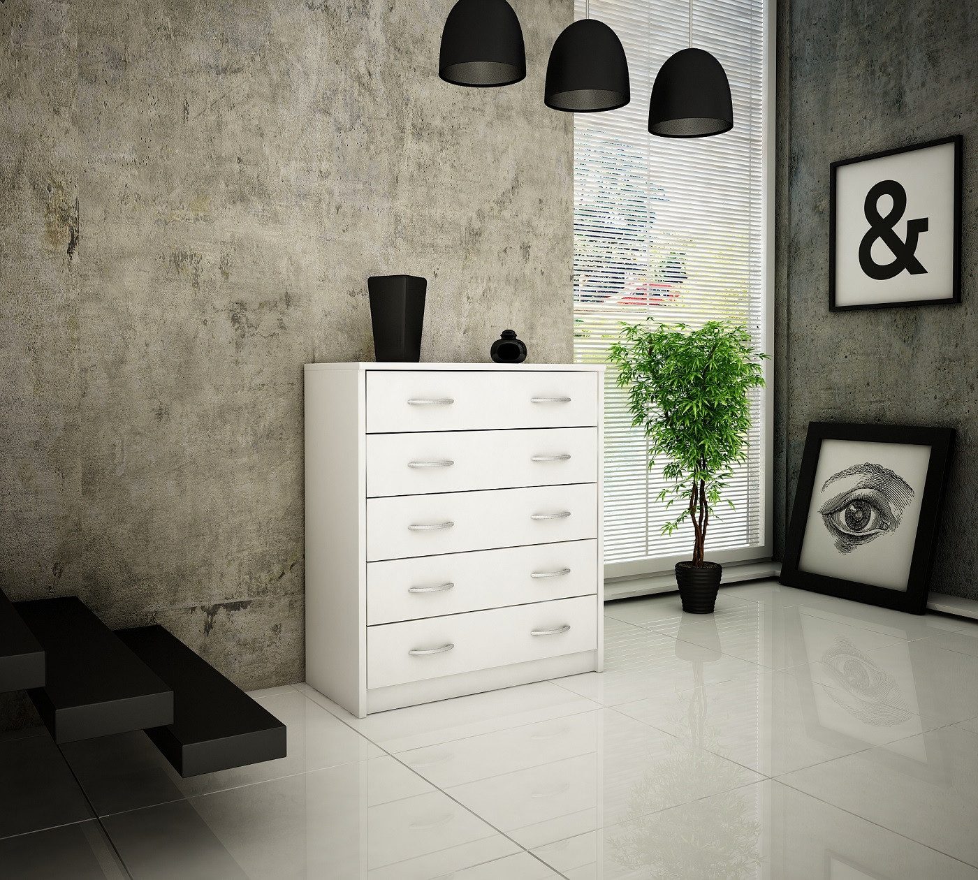 Home Collective Kommode mit 5 Schubladen mit matter Oberfläche, Kommode 74cm breit Holz (Schlafzimmer Wohnzimmer Flur Büro Organizer, Metallrollen mit Auszugsstopp), Schrank Kommode mit Schubladen Sideboard Highboard Anrichte Weiß