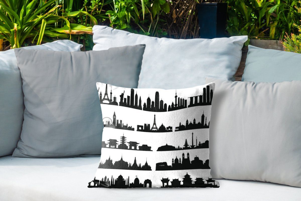 der Dekokissen mit Stadt Skyline MuchoWow Kissenhülle, Kissenbezüge, Schwarz-Weiß-Illustration Outdoor Dekokissen, Dekokissenbezug, Sehenswürdigkeiten,