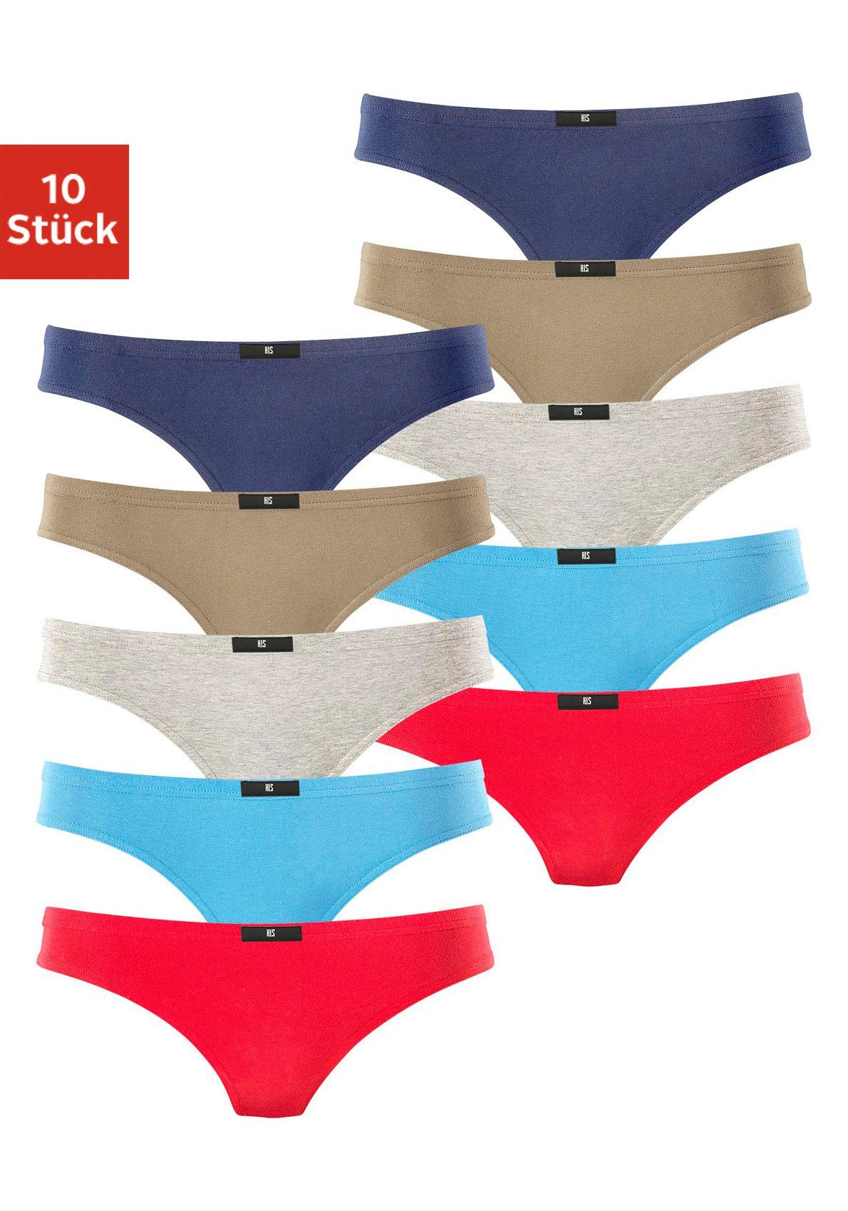 H.I.S String (Packung, 10-St) elastischer grau-meliert rot, Baumwoll-Qualität khaki, aus marine, blau