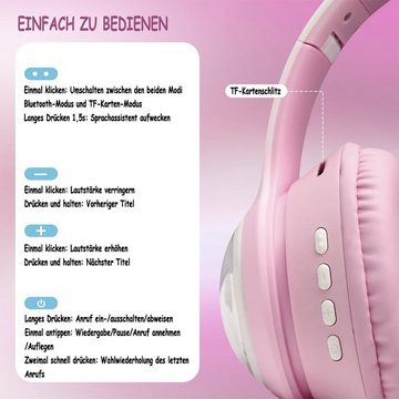 KINSI Kinder-Kopfhörer, Katzenohren-Kopfhörer für Mädchen Kinder-Kopfhörer (Drahtloses Bluetooth, Farbige LEDs, eingebautes Mikrofon, FM, Kopfhörer)