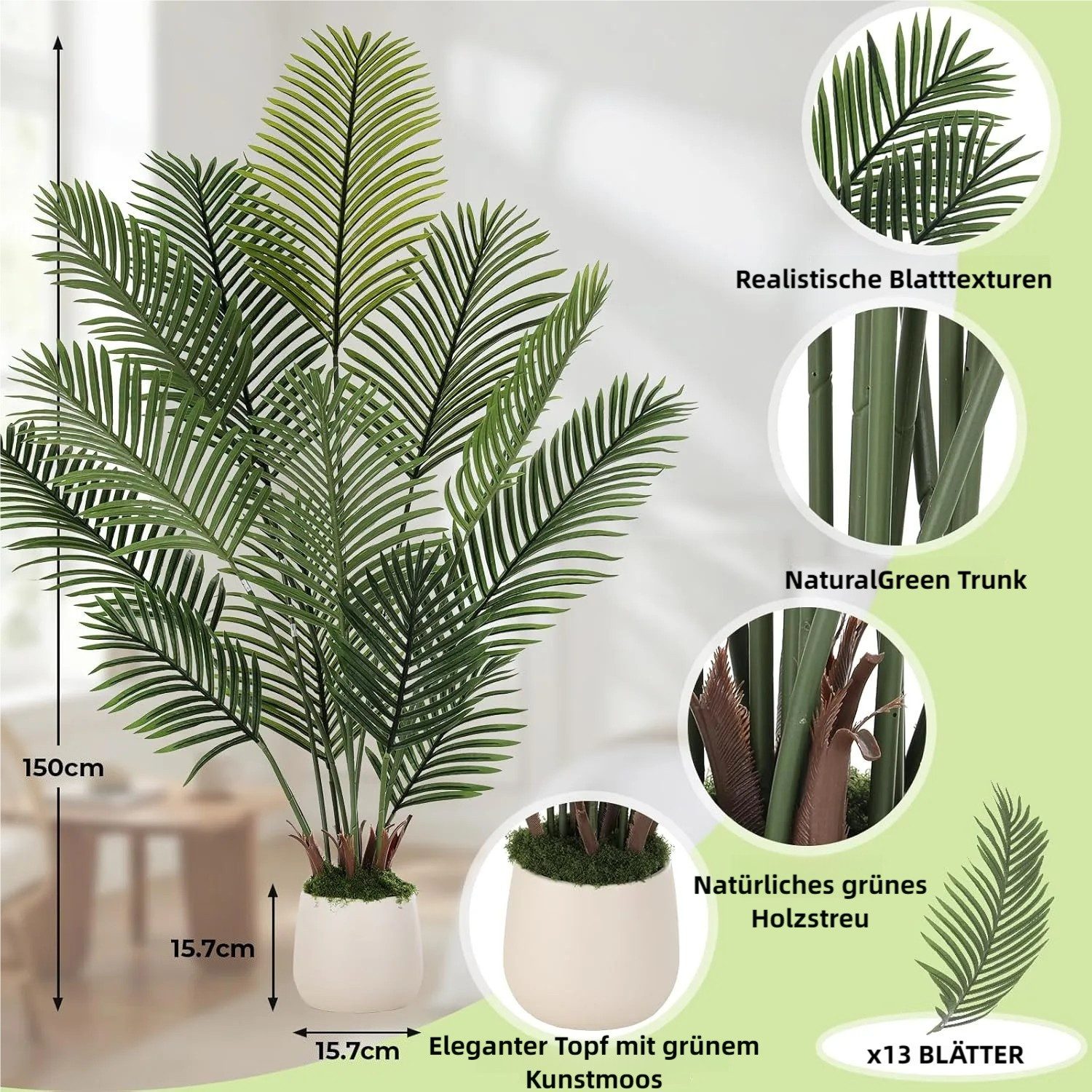 Kunstbaum Künstliche Areca Palme 13 Realistische Dunkel-Hellgrüne Blätter, TLGREEN, Höhe 150 cm, Tropische Pflanzen Deko für Innen Wohnzimmer Büro