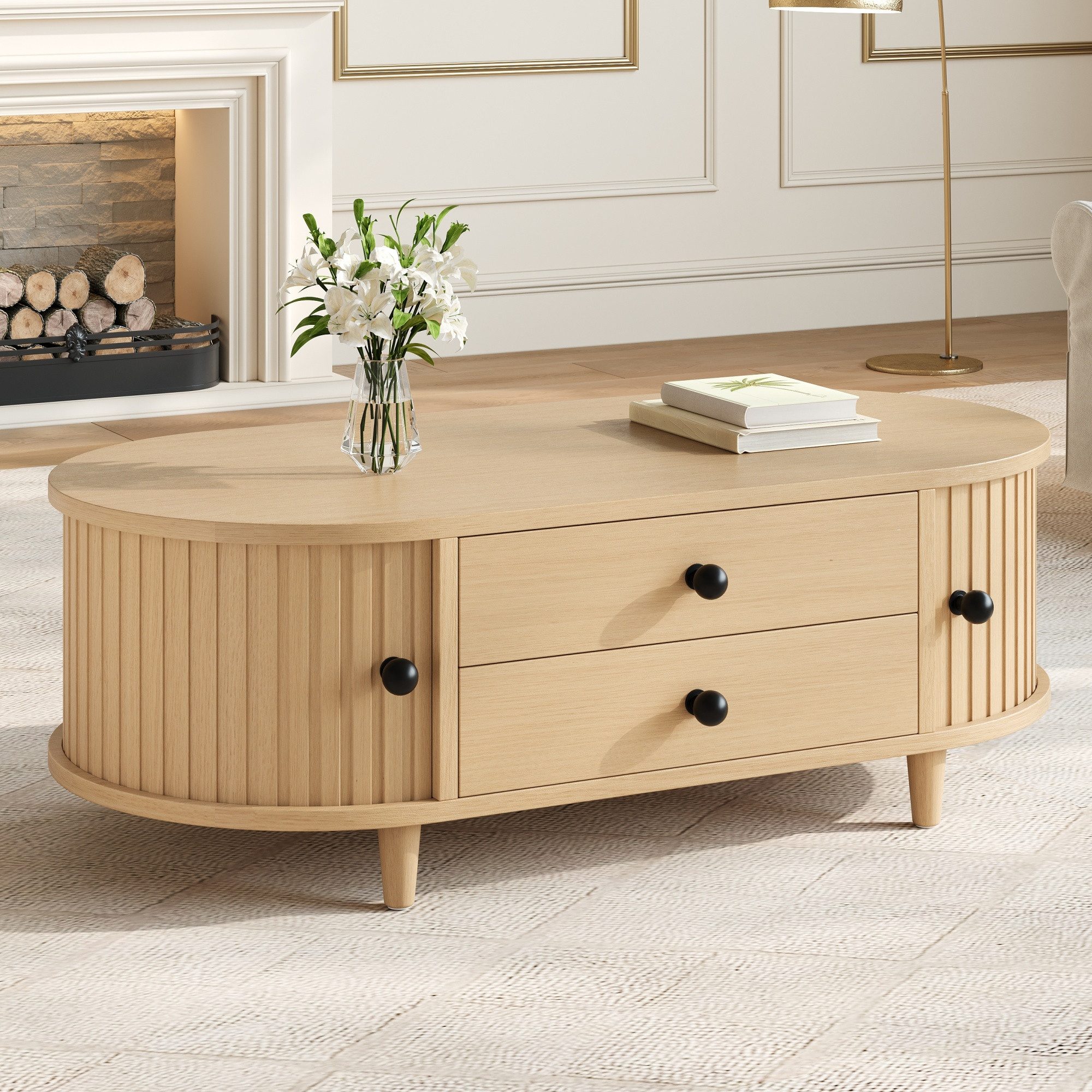 Merax Couchtisch Sofatisch oval Beistelltisch mit Massivholzbeinen (1-St), Wohnzimmertisch mit Rolltüren, 2 Schubladen & Stauraum, 100x50x36cm
