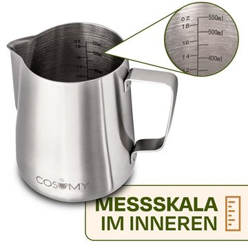 Cosumy Milchkännchen Milchkännchen Edelstahl 500ml mit Henkel, 500 l, (kein Set), Spülmaschinenfest - Messskala im Inneren - Barista Zubehör