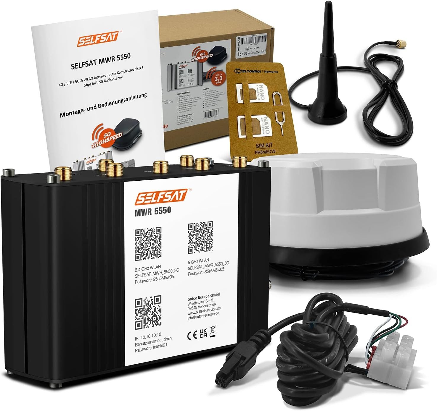 Selfsat MWR 5550 4G / LTE / 5G & WLAN Internet Router + 5G Panorama Antenne Mobilfunkantenne, Starlink kompatibel