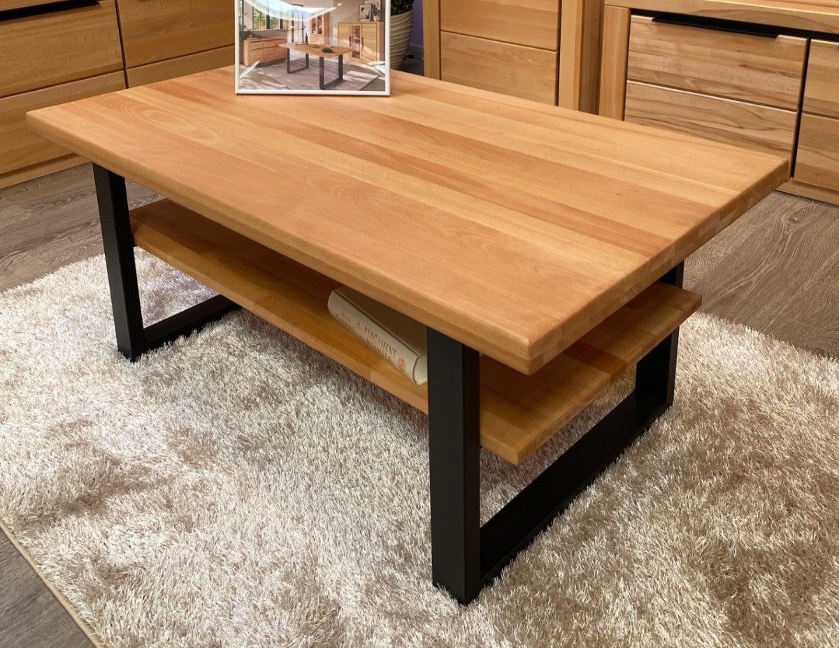 ELFO Couchtisch Couchtisch Kernbuche Massiv geölt 115x65cm Metallgestell schwarz Tisch