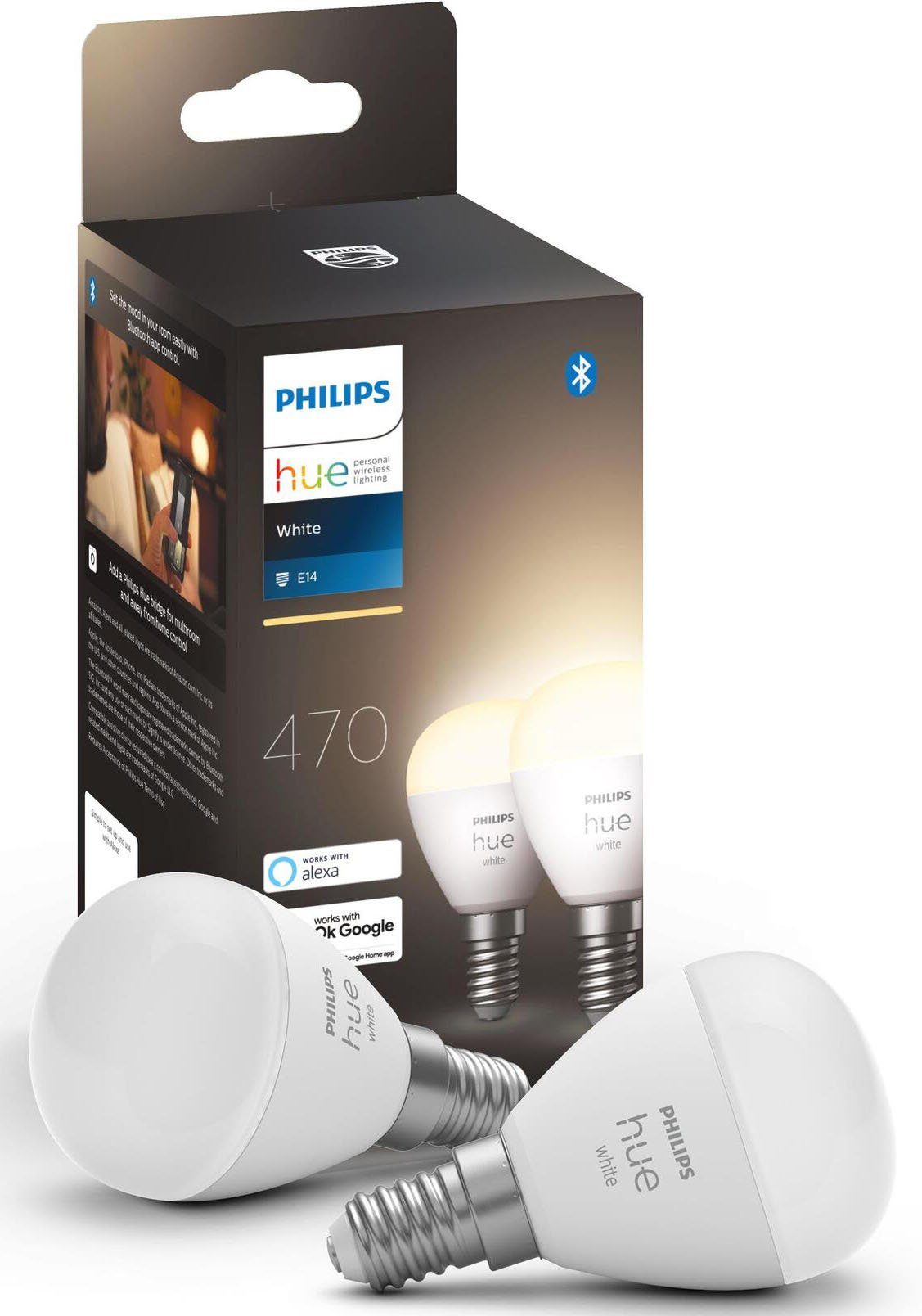 Philips Hue Luster 2x470lm!, St., LED-Leuchtmittel 2 White E14, Doppelpack E14 Warmweiß