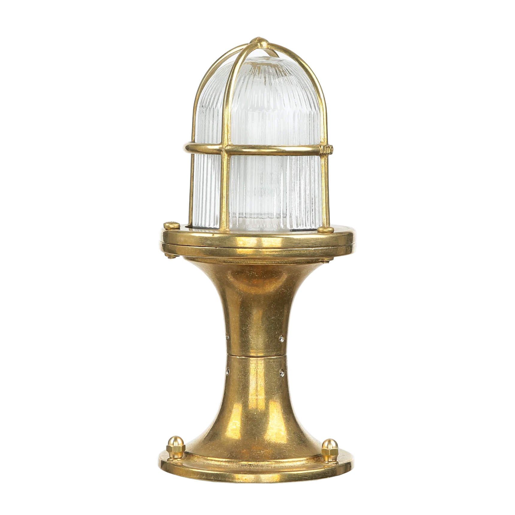 Licht-Erlebnisse Sockelleuchte SANTORIN, ohne Leuchtmittel, Kleiner Leuchtenschirm Standleuchte Messing maritim Garten Lampe
