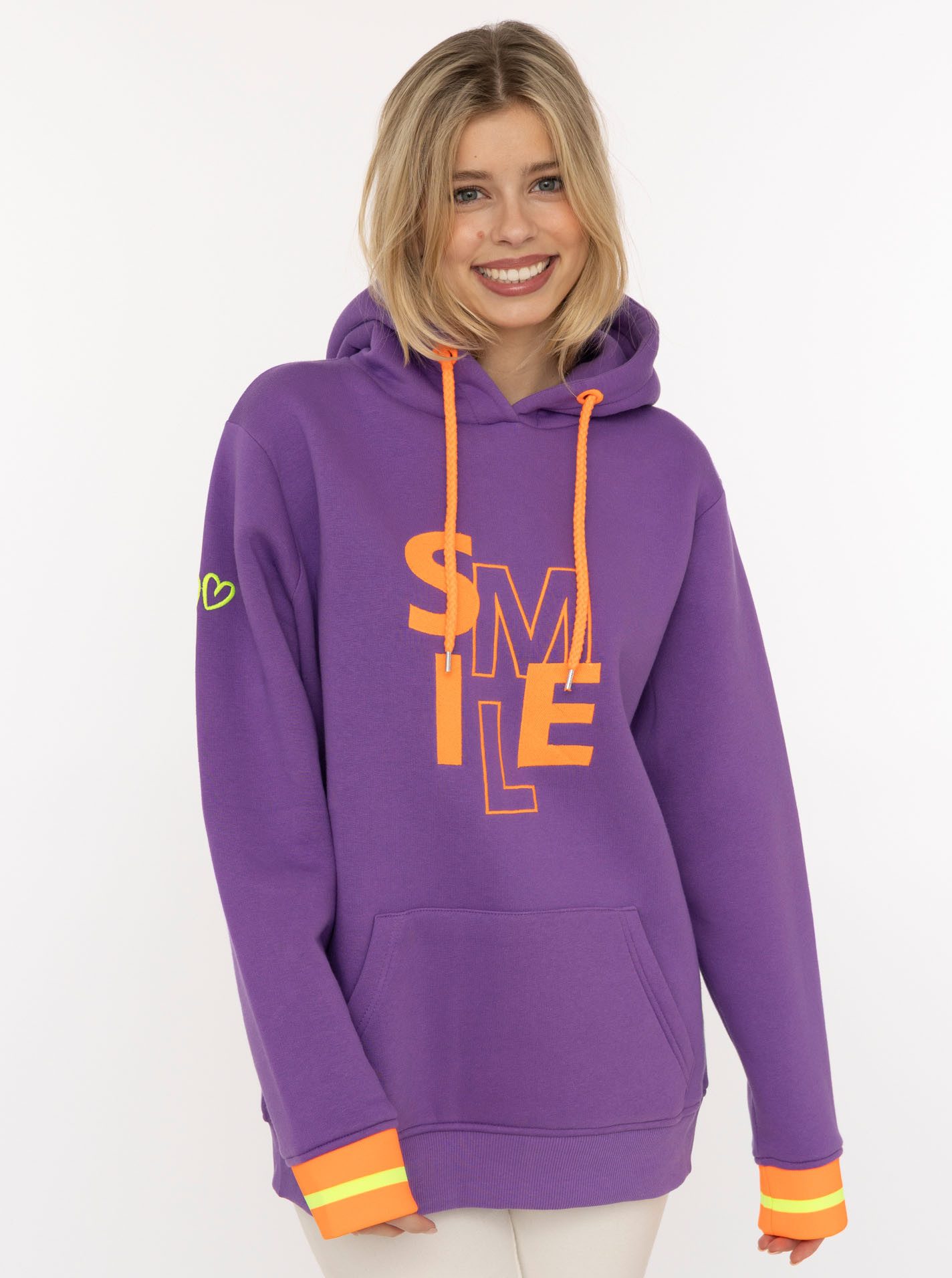 Zwillingsherz Hoodie "SMILE" große Stickerei, gestreifte Bündchen, Fronttasche, Kapuze