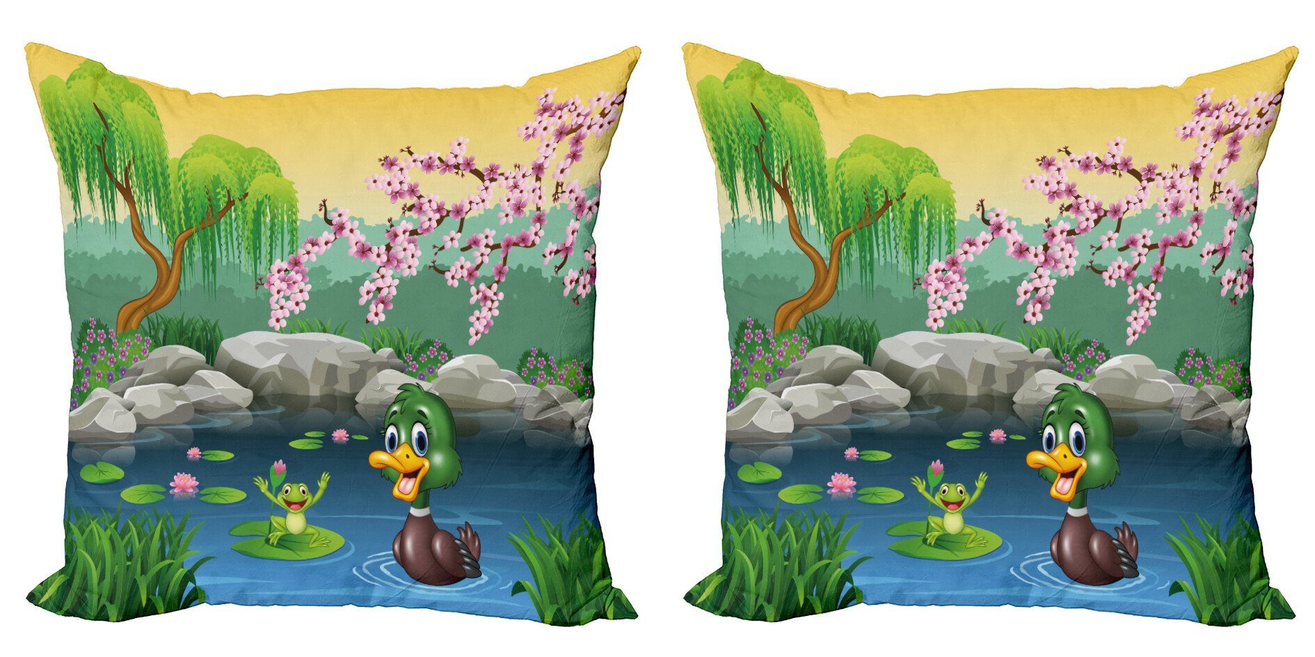 Kissenbezüge Modern Accent Doppelseitiger Digitaldruck, Abakuhaus (2 Stück), Karikatur Ente und Frosch in einem See