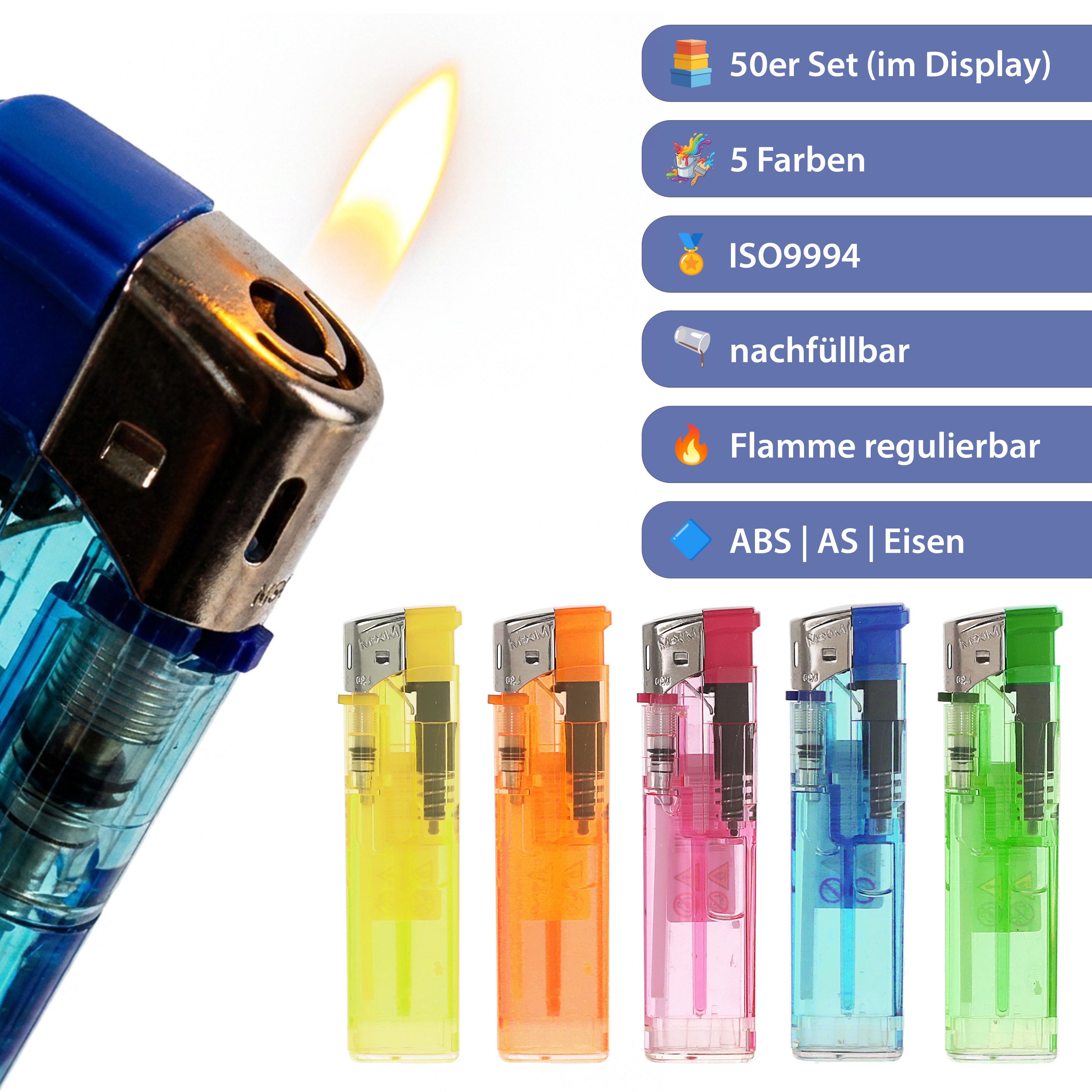 CEPEWA Feuerzeug Elektronik Feuerzeug 50 Stück 5 Farben transparent ABS nachfüllbar
