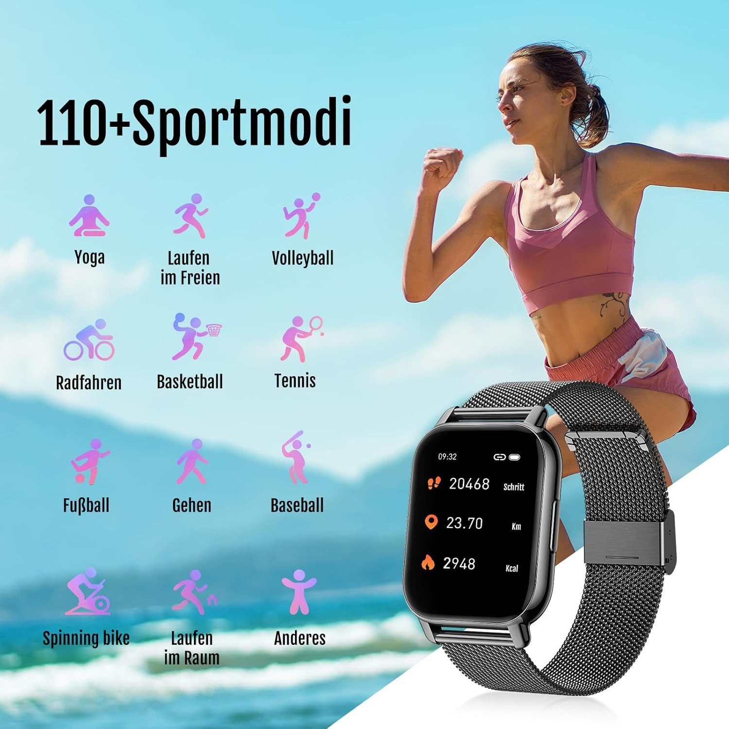Zevelora Damen's und Herren's Telefonfunktion Fitness-Tracker IP67 Wasserdicht Smartwatch (1,85 Zoll, Android/iOS), mit austauschbarem weichem Silikonarmband, mit Puls-Schlaf-Monitor Schrittzähler Sportuhr 110+ Sportmodi