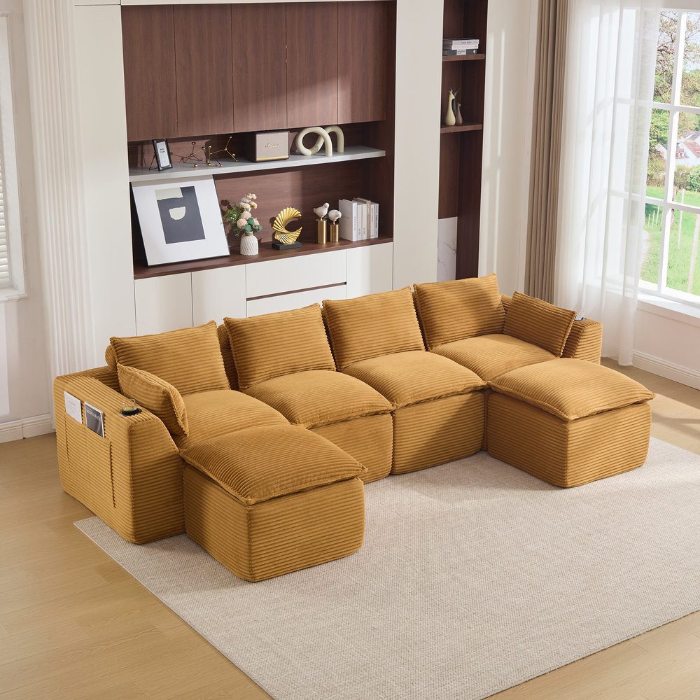Odikalo Ecksofa Loungesofa Modulares Cordstoff Sofa mit Fußhocker, 4-Sitzer-Sofa, inklusive Kissen, Getränkehalter, 2 Seitentaschen, Schaum-/Federkern, schnell rückfedernd. Frei kombinierbar – ideal für Wohnzimmer, Büros