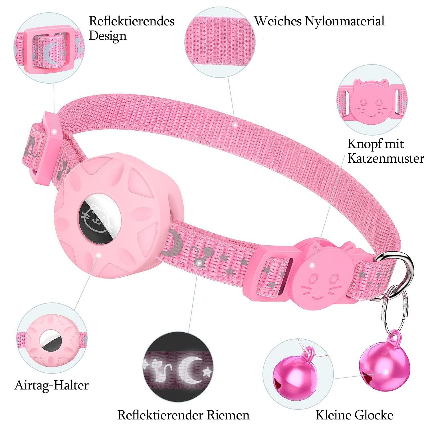 TUWENA Katzen-Halsband Airtag Katzenhalsband Reflektierendes mit Glocke, Sicherheitsschnalle, mit AirTag Halter und Glocke