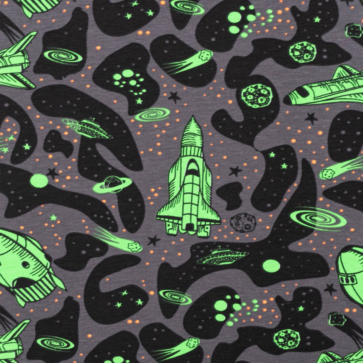 SCHÖNER LEBEN. Stoff Jersey Stoff NEON SPACE Weltraum Rakete grau neon grün 1,45m Breite, allergikergeeignet