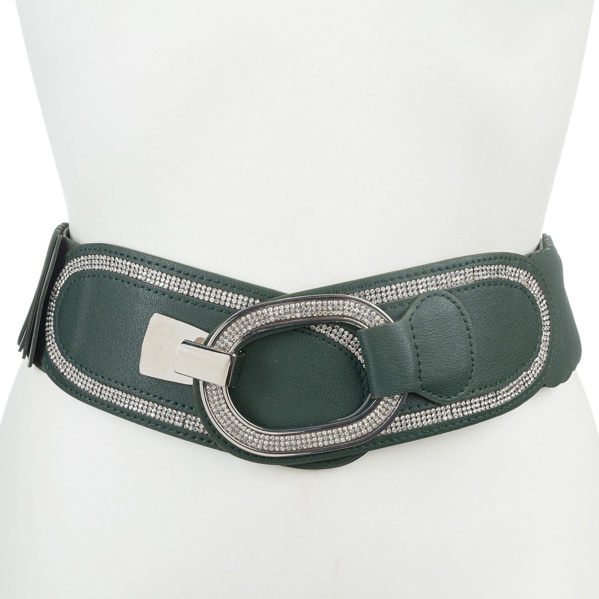 Cassandra Accessoires Taillengürtel "Strass" Stretchgürtel mit silbernem Ringverschluß und Straßsteinen grün